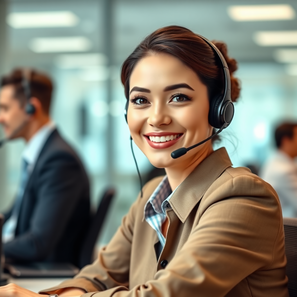 Depict a friendly customer service representative answering a call with a headset on, with a backdrop of a modern office. Focus on the helpful and responsive nature of the service. 4k resolution.
