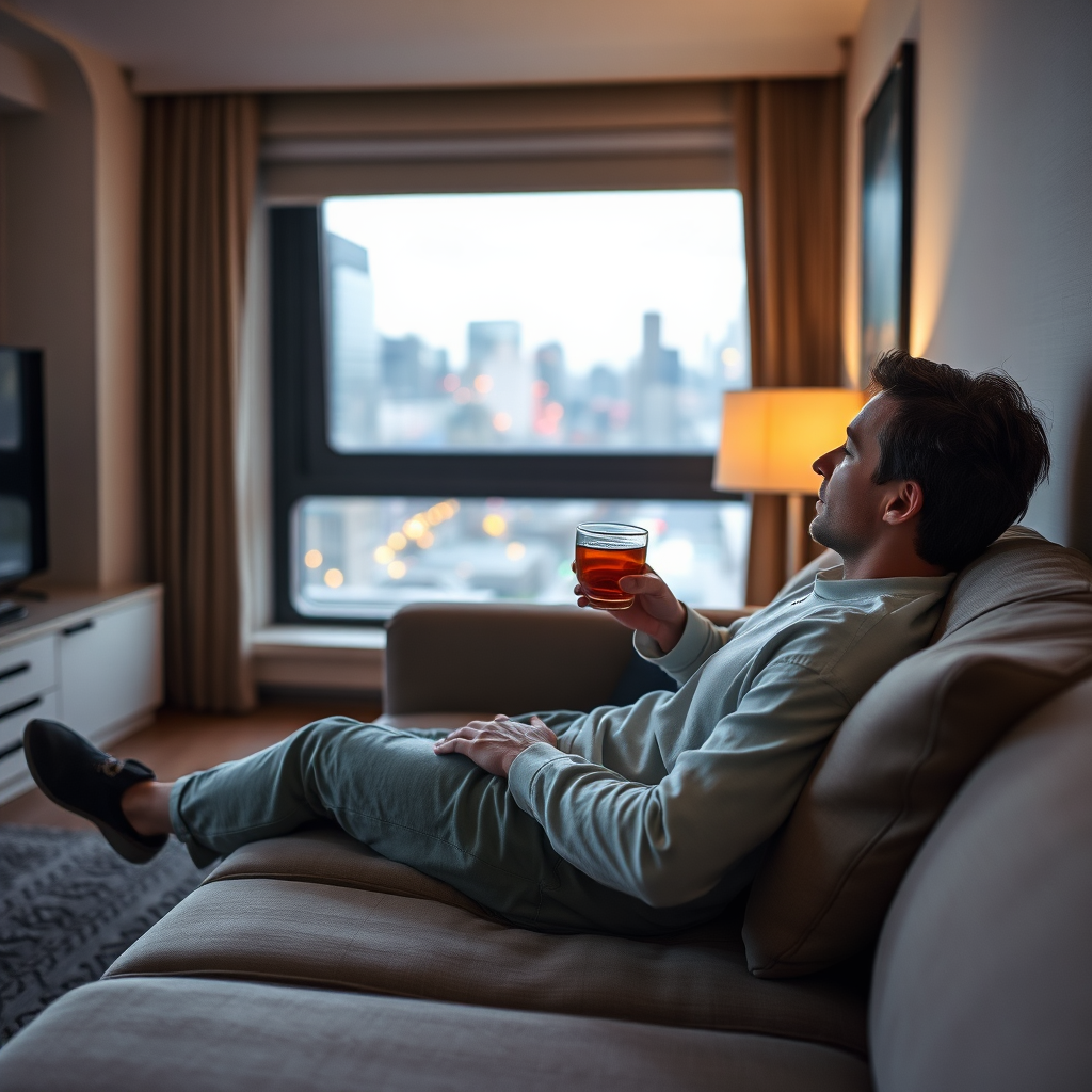 Imagine a person relaxing on a comfortable condo sofa, sipping tea, with a blurred cityscape visible through the window. Soft lighting, focus on relaxation. Style: Calming, serene. 4K resolution.