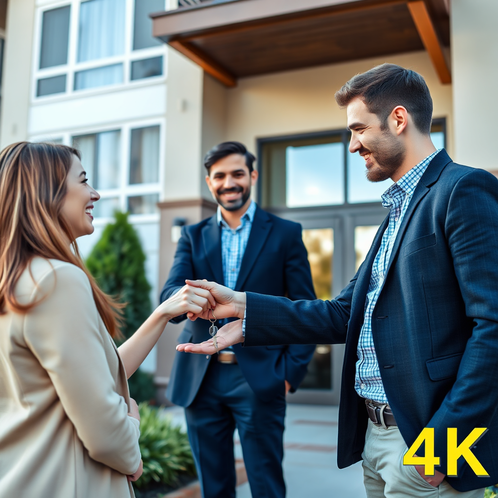 Photograph a property manager handing keys to a smiling guest in front of a well-maintained condominium building. Focus on the professional and welcoming atmosphere. 4k resolution.