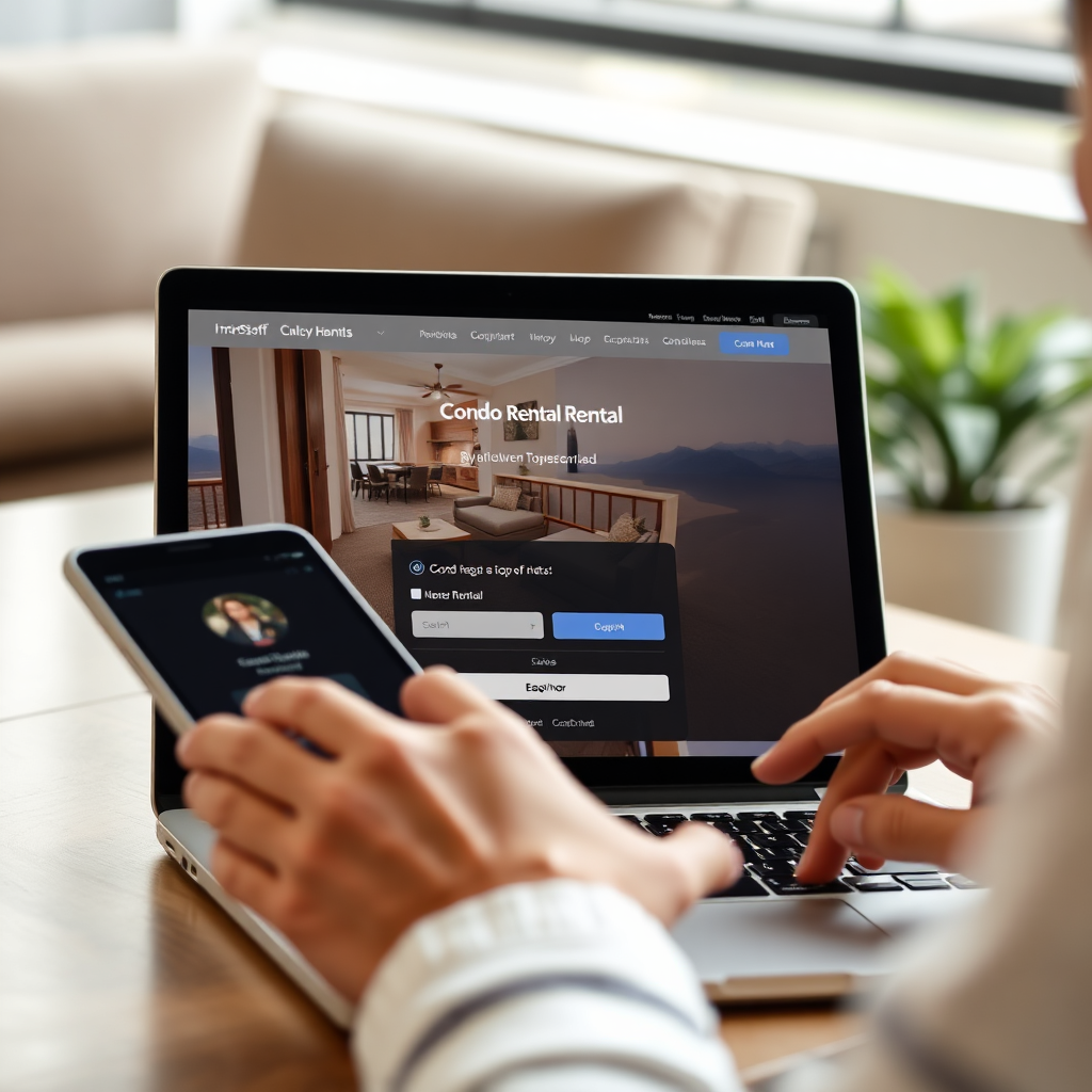 Show a person easily booking a condo rental on a laptop or tablet. Focus on the user-friendly interface and ease of use. 4k resolution.