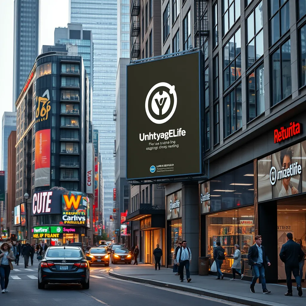 A bustling city street with various storefronts. A billboard with a memorable logo and tagline is prominently displayed, drawing attention from pedestrians and traffic. The image should evoke a sense of vibrant energy and brand recognition.