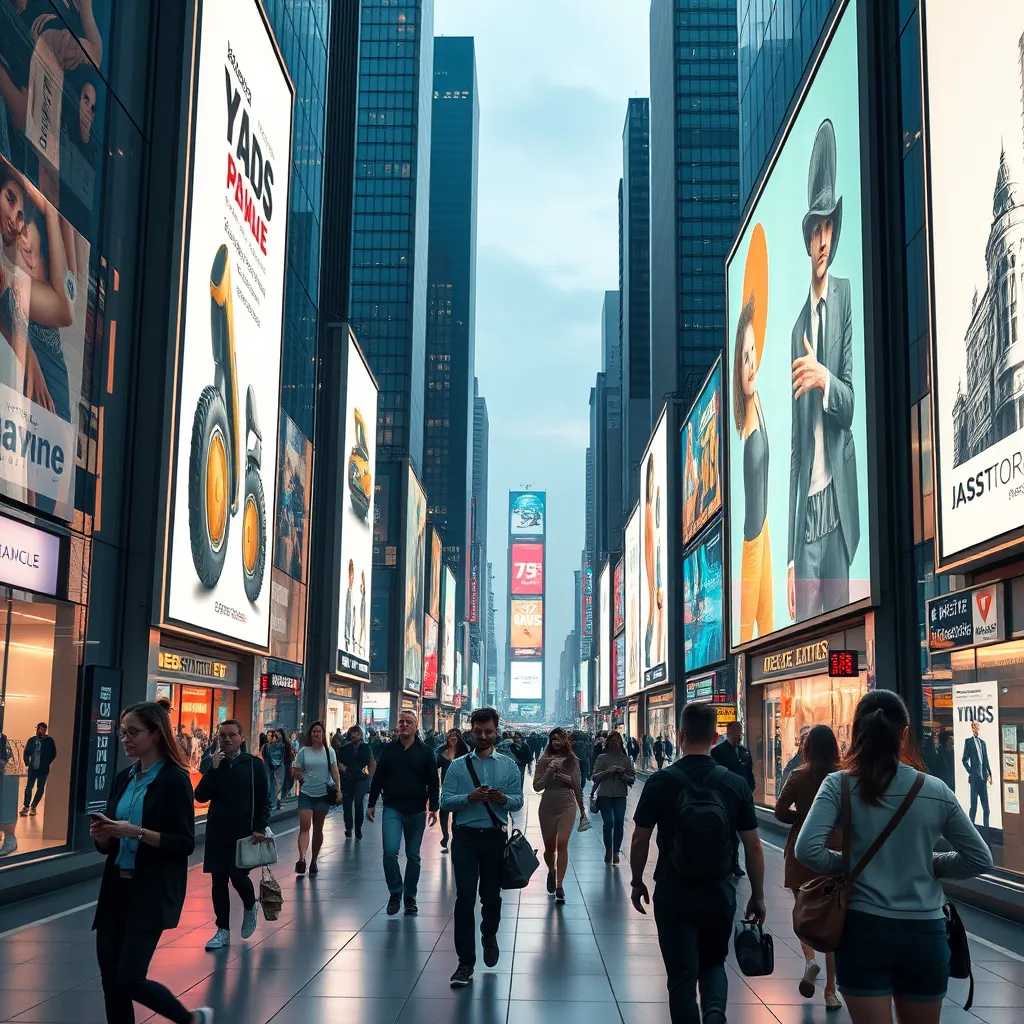A futuristic cityscape with glowing digital billboards displaying personalized ads based on individual preferences. People walking by interact with the ads using smartwatches, their phones, or even brainwave interfaces. The overall aesthetic should be sleek and vibrant, highlighting a seamless blend of technology and human interaction.