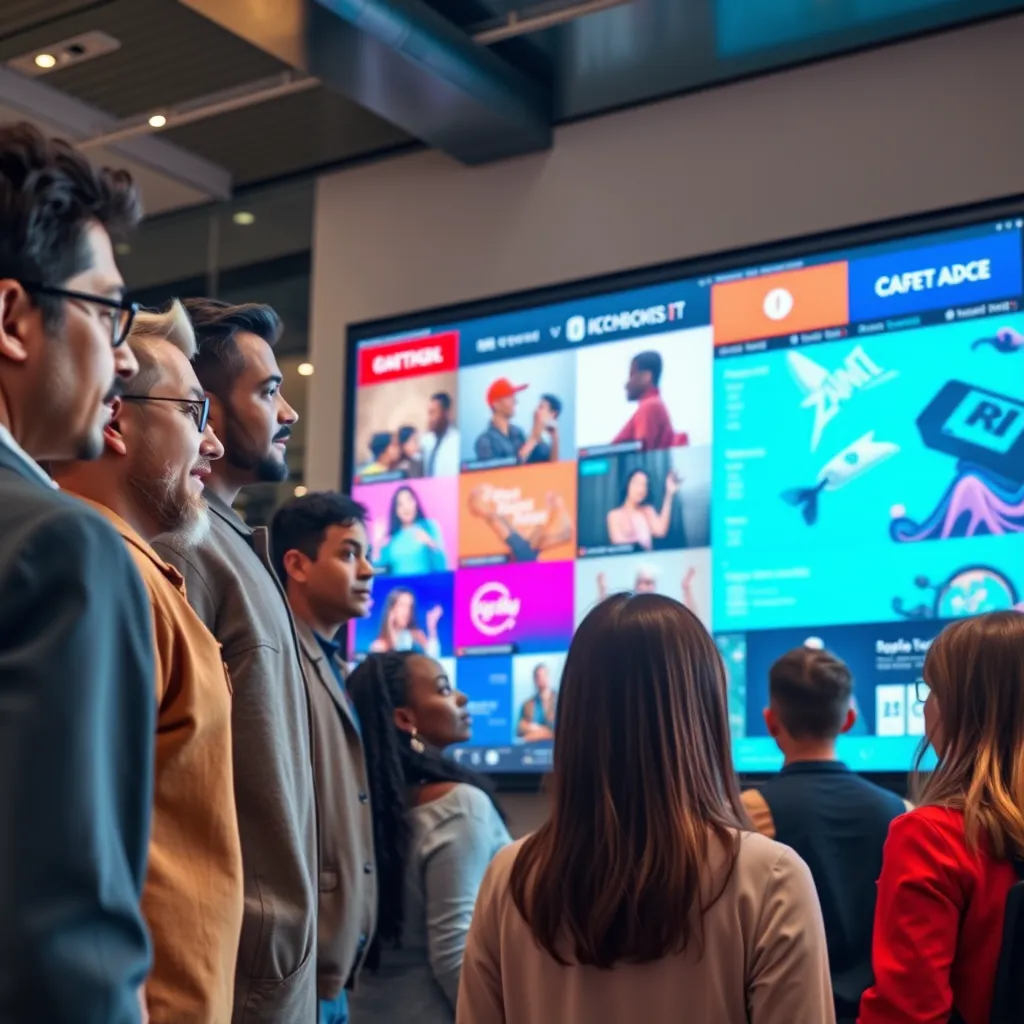 A group of diverse people of different ages and backgrounds standing around a large digital screen displaying a variety of advertising content, with each person looking at the screen with different expressions reflecting their unique interests and needs.