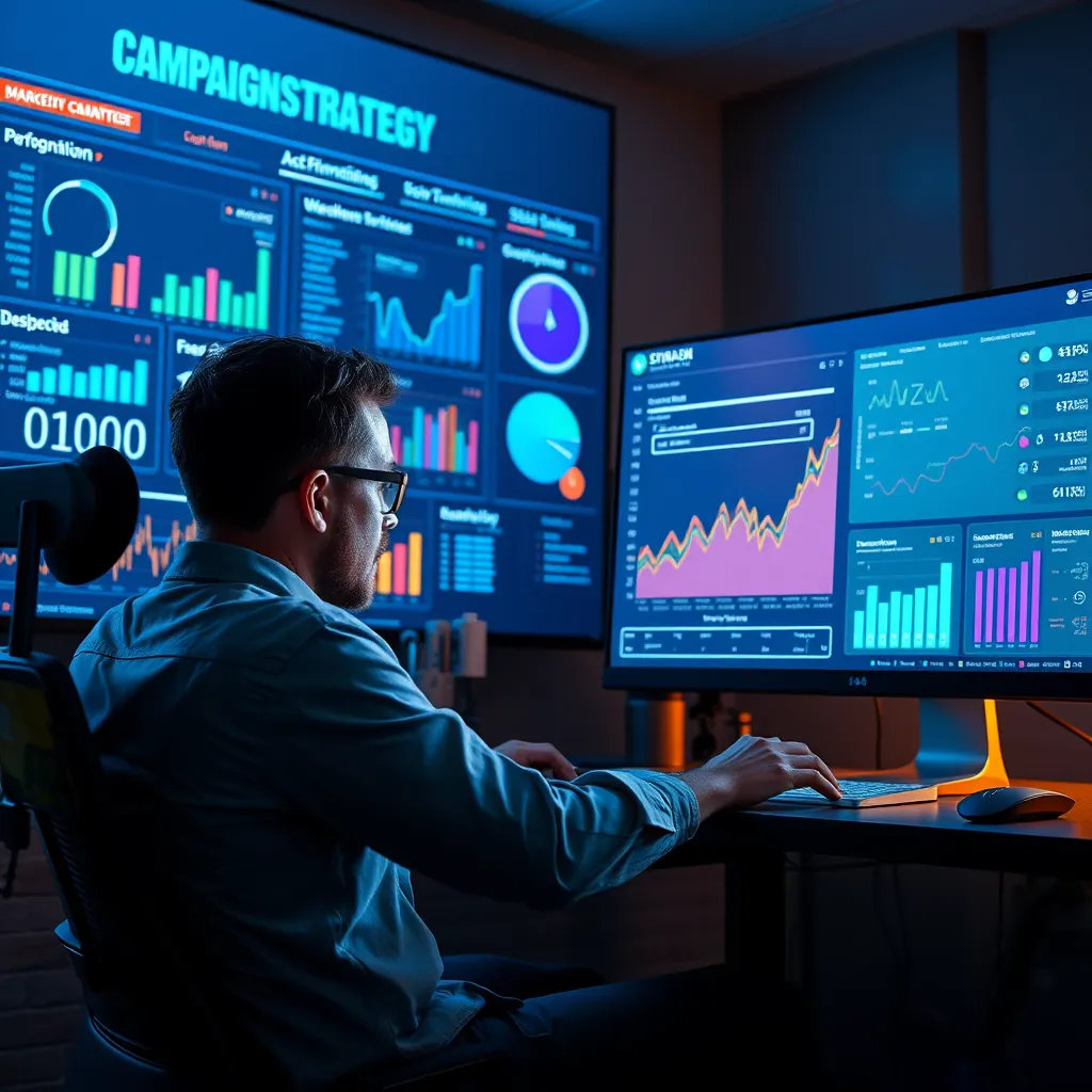 A person sitting at a computer screen analyzing data and graphs, with a dashboard showing key performance indicators of various marketing campaigns, highlighting trends and insights for optimization, while a large screen behind them displays the overall campaign strategy.