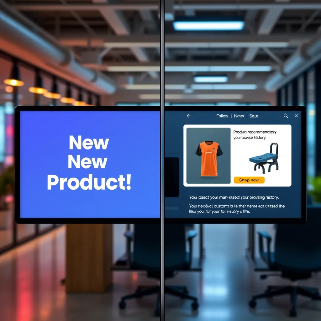 A split screen image. On the left, a generic ad with text like 'New Product!'  On the right, a personalized ad with a customer's name and a product recommendation based on their browsing history. Both ads have a call to action button. The background is a vibrant, modern office setting.