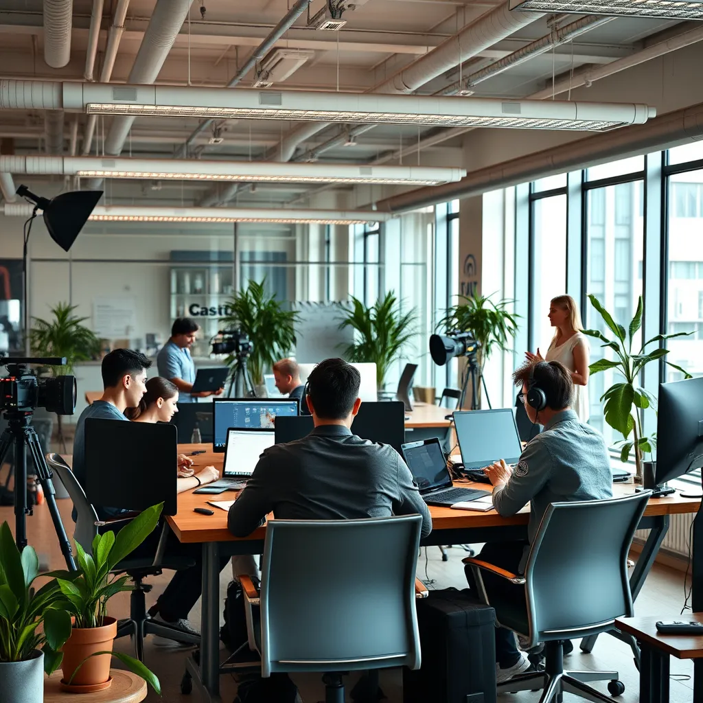 A vibrant and modern office setting with a team of creative professionals working on various content creation projects, such as writing, filming, and designing, all related to the same brand or product, showcasing a collaborative and engaging process.