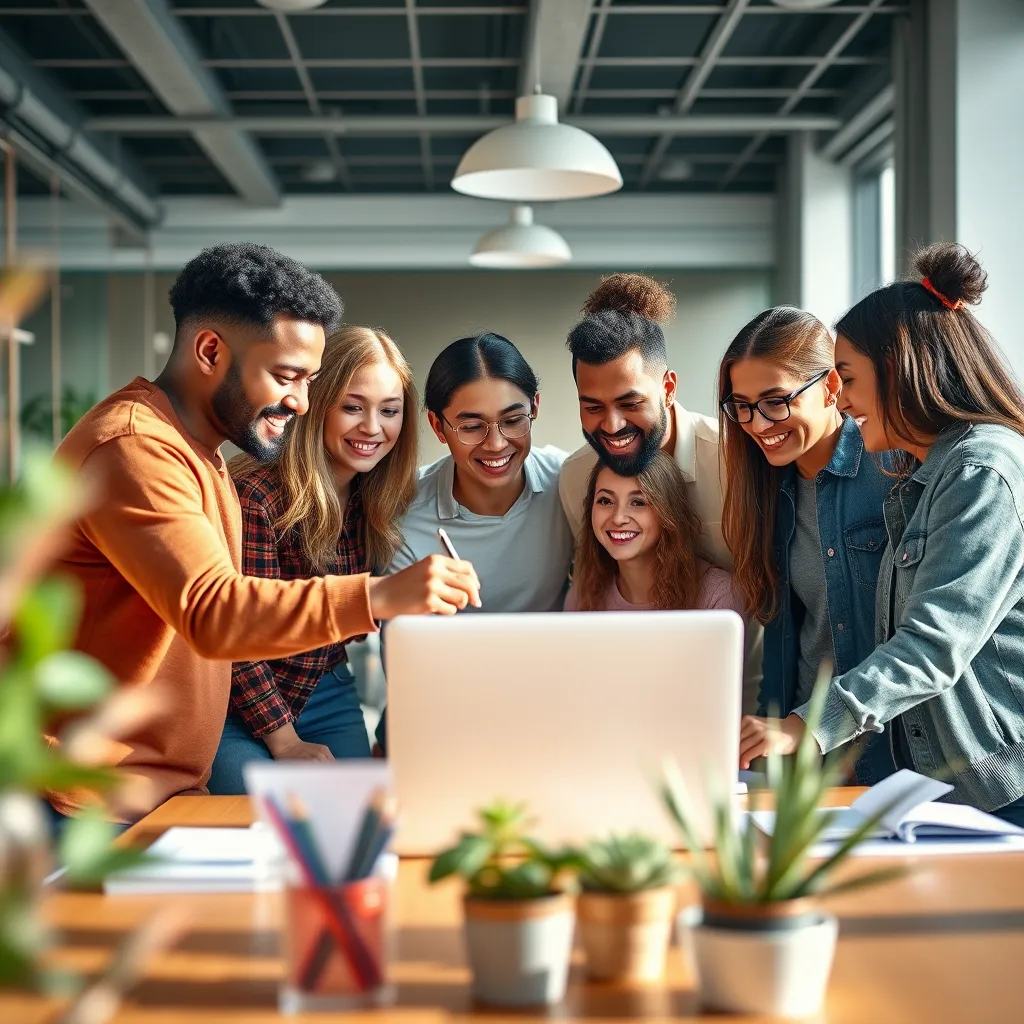 A wide shot of a team of diverse individuals working together in a modern office. They are huddled around a laptop, analyzing data and discussing a social media marketing strategy. The scene is filled with a vibrant energy and a collaborative spirit. The lighting is natural and bright, creating a positive and energetic atmosphere. The team is dressed in casual, trendy attire, reflecting a modern and innovative workplace.  The image is composed with a dynamic, balanced perspective, capturing the team's energy and focus.  The background features a sleek and minimalist office design, with clean lines and natural elements.  The image is rendered in a photorealistic style, showcasing the intricate details of the office environment and the team's expressions. The resolution is 8K, capturing every detail of the scene.