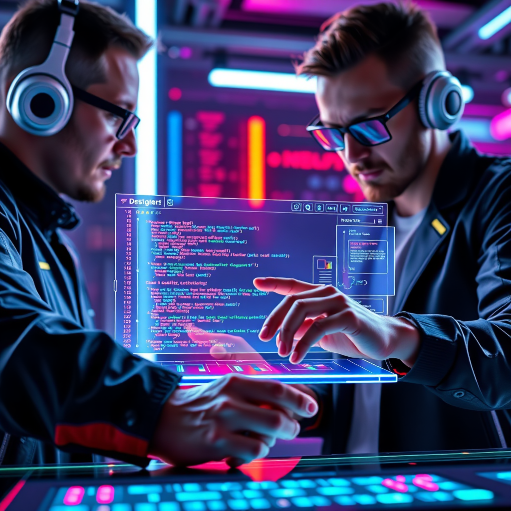 A futuristic, dynamic image showcasing a custom website design process. The scene depicts a designer and a developer collaborating on a holographic interface, manipulating code and design elements with their hands. The website is rendered in real-time, showcasing its responsiveness and visual appeal. The color palette is vibrant and energetic, with neon accents and dynamic lighting. The camera angle is a close-up, emphasizing the intricate details of the holographic interface and the collaborative effort. Texture details highlight the sleek, modern design of the interface and the futuristic setting. Style references include elements of cyberpunk and UX design aesthetics.