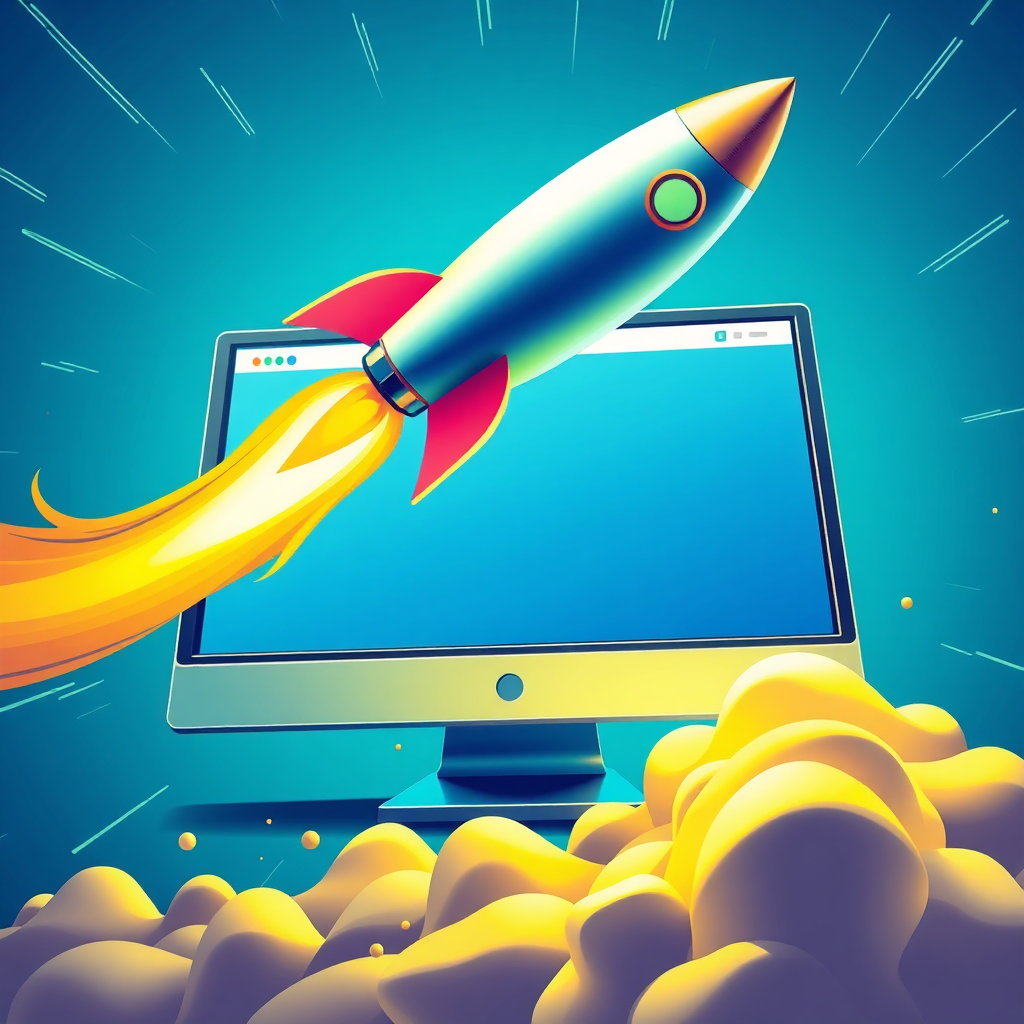 A stylized image depicting a rocket launching from a computer screen, symbolizing the quick launch of a website. The rocket is sleek and modern, and the computer screen displays a clean and simple website design. The color palette is bright and energetic, with dominant hues of blue, green, and yellow. Lighting is dynamic and dramatic, creating a sense of speed and excitement. The camera angle is a low-angle shot, emphasizing the rocket's ascent. Texture details highlight the smooth surface of the rocket and the crisp design of the website. Style references include elements of space exploration and web design aesthetics.