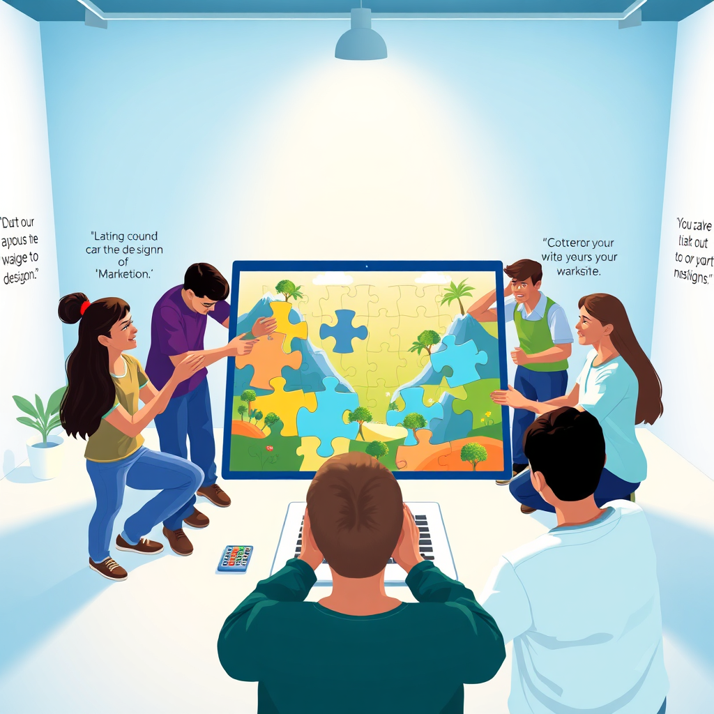 A stylized image representing Edutainment Ontop UK's mission. The scene depicts diverse individuals collaboratively building a website, symbolized by interlocking puzzle pieces forming a vibrant digital landscape. Each person contributes a different skill, representing coding, design, and marketing. The color palette is bright and optimistic, with dominant hues of blue, green, and yellow. Lighting is soft and inviting, creating a sense of collaboration and innovation. The camera angle is eye-level, fostering connection and engagement. Texture details highlight the intricate design of the puzzle pieces and the collaborative atmosphere. Style references include elements of flat design and modern illustration. The environment is a clean, minimalist studio space with inspirational quotes on the walls. 4K resolution, high quality.