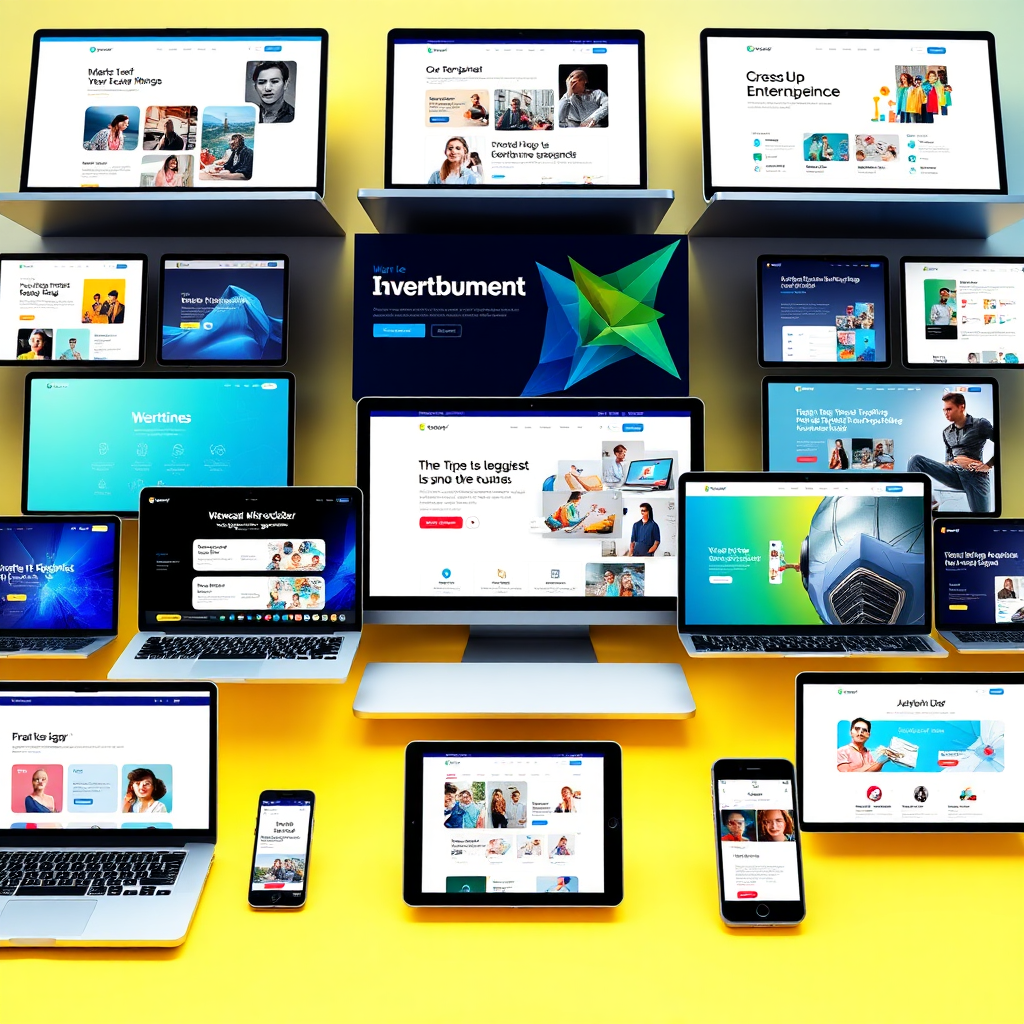 A vibrant and dynamic image showcasing a diverse range of website designs, from minimalist layouts to complex e-commerce platforms. The websites are displayed on various devices, including laptops, tablets, and smartphones. The color palette is bright and energetic, with dominant hues of blue, green, and yellow. Lighting is soft and inviting, creating a sense of innovation and creativity. The camera angle is a wide shot, emphasizing the diversity and versatility of our web development services. Texture details highlight the smooth surface of the devices and the crisp design of the websites. Style references include elements of UX design and web development aesthetics.
