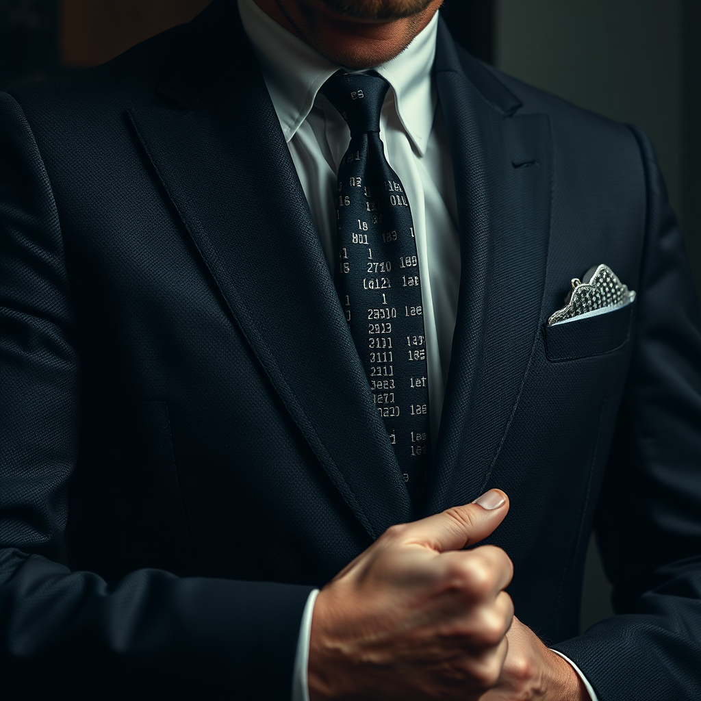  A visually striking image representing a tailor meticulously crafting a suit, but instead of fabric, they are working with lines of code. The code forms the shape of a website, highlighting the precision and attention to detail involved in custom website development. The color palette is sophisticated and elegant, with muted tones and subtle lighting. The camera angle is a medium shot, capturing the tailor's expertise and the intricate details of the code. Texture details highlight the tactile nature of the coding process and the high-quality craftsmanship. Style references include elements of fashion photography and software development aesthetics.