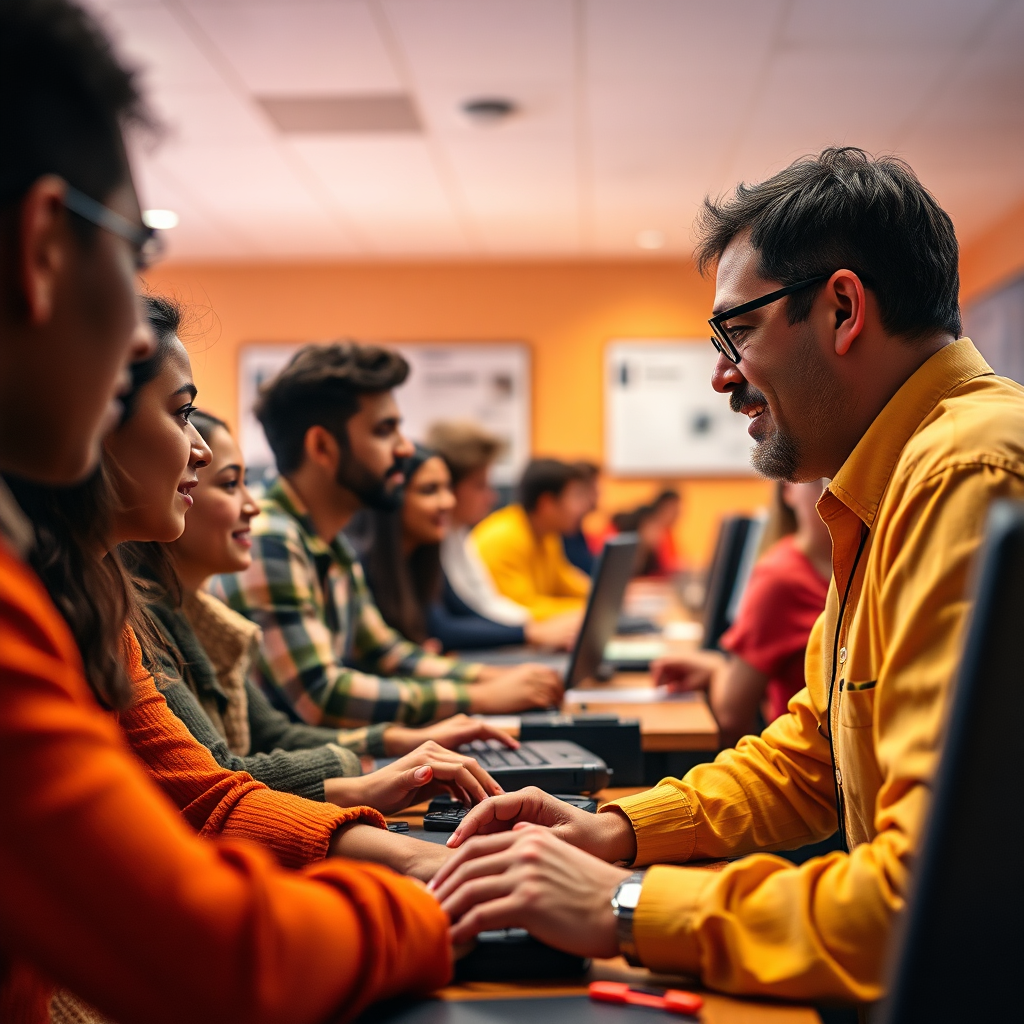 An image depicting a coding classroom filled with diverse individuals learning from an expert instructor. The atmosphere is collaborative and engaging, with students actively participating in coding exercises. The color palette is warm and inviting, with dominant hues of orange and yellow. Lighting is soft and diffused, creating a sense of community and learning. The camera angle is a medium shot, capturing the instructor's expertise and the students' enthusiasm. Texture details highlight the tactile nature of the coding process and the interactive elements of the classroom. Style references include elements of educational photography and coding aesthetics.