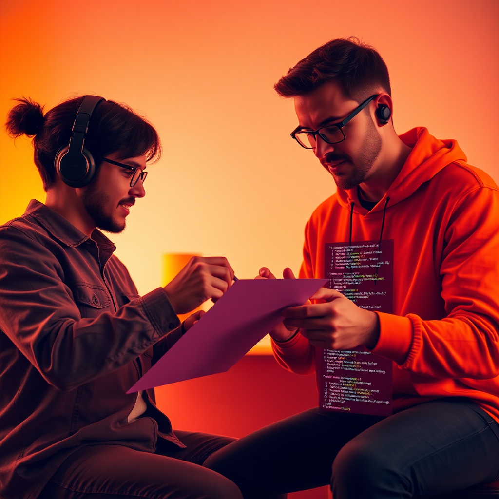 An image depicting a designer and a developer collaborating on a custom coding project. The designer is creating a visual mockup, and the developer is writing code to bring the mockup to life. The color palette is vibrant and energetic, with dominant hues of orange and yellow. Lighting is soft and inviting, creating a sense of collaboration and innovation. The camera angle is a medium shot, capturing the designer's creativity and the developer's expertise. Texture details highlight the smooth surface of the mockup and the intricate design of the code. Style references include elements of design collaboration and coding aesthetics.