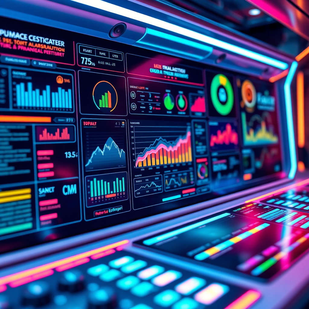 An image depicting a futuristic control panel with various data visualizations and interactive elements. The panel represents the advanced functionality of the Business Pro Site, including e-commerce, CRM integration, and marketing automation. The color palette is vibrant and dynamic, with neon accents and futuristic lighting. The camera angle is a close-up, emphasizing the intricate details of the control panel and the advanced features. Texture details highlight the sleek, modern design of the panel and the interactive elements. Style references include elements of science fiction and UX design aesthetics.
