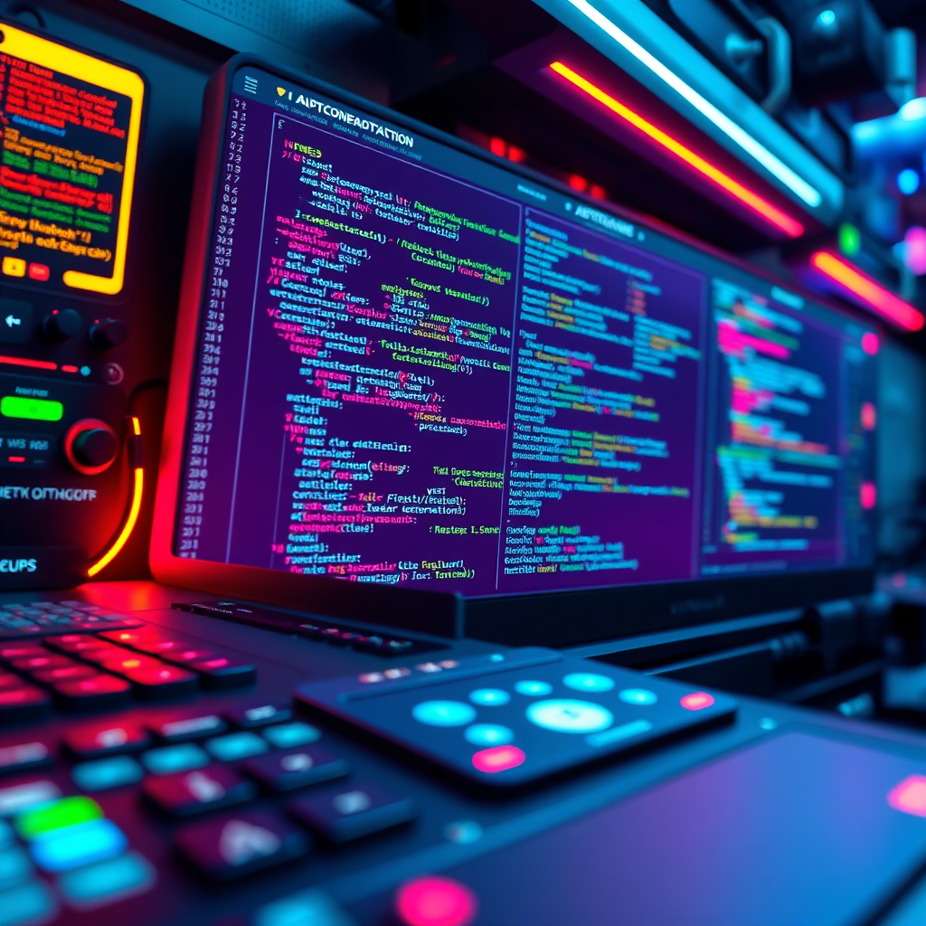 An image depicting a futuristic code editor with various features and interactive elements. The editor is sleek and modern, and the code is visually appealing. The color palette is vibrant and dynamic, with neon accents and futuristic lighting. The camera angle is a close-up, emphasizing the intricate details of the code and the editor's functionality. Texture details highlight the smooth surface of the editor and the interactive elements. Style references include elements of science fiction and coding aesthetics.