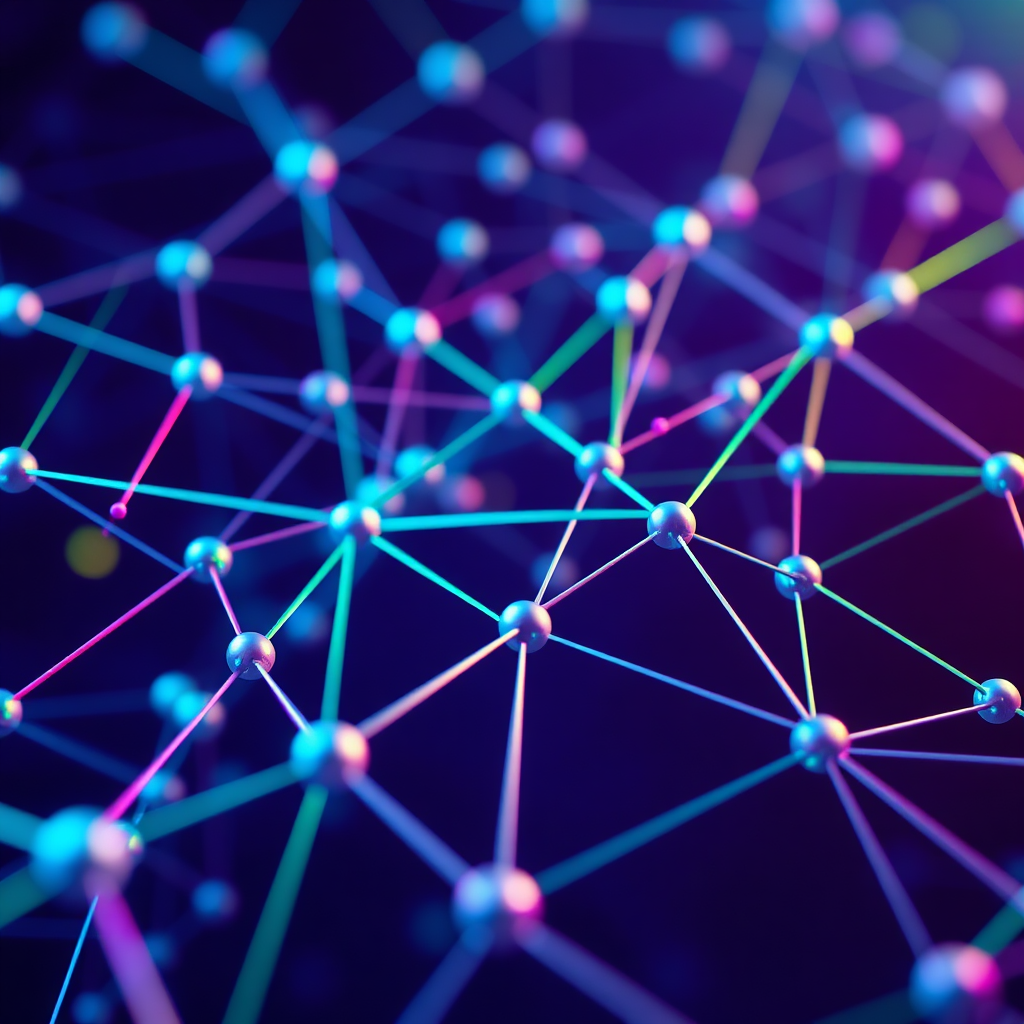 An image depicting a network of interconnected nodes, representing API integration. The nodes are connected by lines of code, symbolizing the seamless flow of data. The color palette is vibrant and dynamic, with dominant hues of blue, green, and purple. Lighting is soft and diffused, creating a sense of connectivity and integration. The camera angle is a wide shot, emphasizing the scale and complexity of the network. Texture details highlight the smooth surface of the nodes and the intricate design of the code. Style references include elements of network visualization and coding aesthetics.