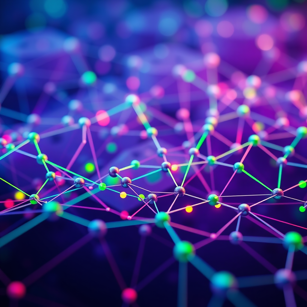An image depicting a network of interconnected nodes, representing API integration. The nodes are connected by lines of code, symbolizing the seamless flow of data. The color palette is vibrant and dynamic, with dominant hues of blue, green, and purple. Lighting is soft and diffused, creating a sense of connectivity and integration. The camera angle is a wide shot, emphasizing the scale and complexity of the network. Texture details highlight the smooth surface of the nodes and the intricate design of the code. Style references include elements of network visualization and coding aesthetics.