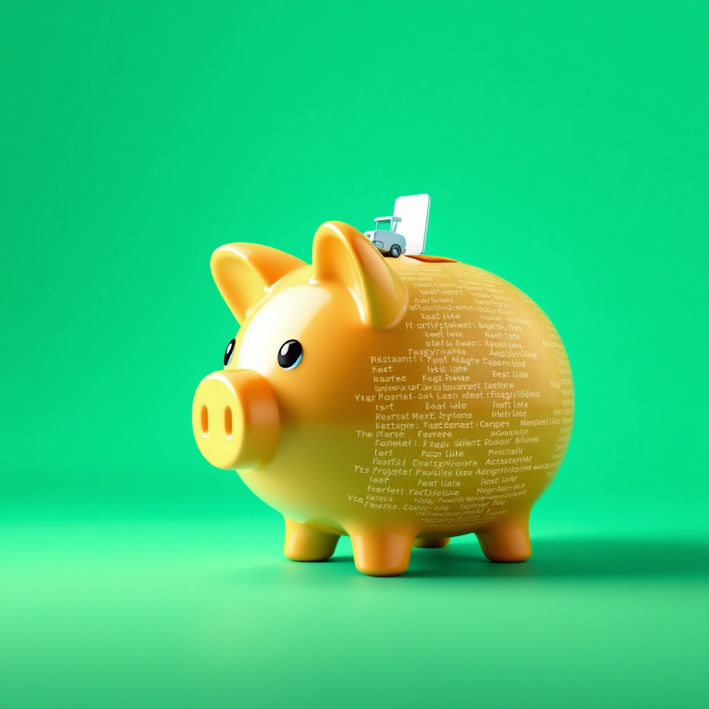 An image depicting a piggy bank with a small website emerging from it, symbolizing the affordability of the express website package. The piggy bank is made of code, highlighting the digital nature of the product. The color palette is bright and cheerful, with dominant hues of green and yellow. Lighting is soft and inviting, creating a sense of trust and value. The camera angle is an eye-level shot, fostering connection and engagement. Texture details highlight the smooth surface of the piggy bank and the intricate design of the code. Style references include elements of financial illustration and web development aesthetics.