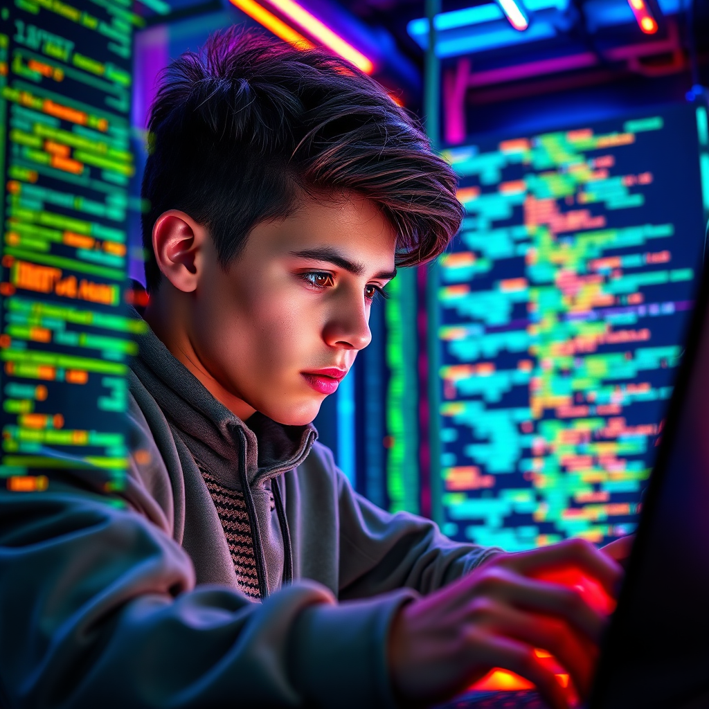  An image depicting a student working on a complex coding project, surrounded by lines of code and interactive visualizations. The student is focused and determined, and the project is visually compelling. The color palette is vibrant and dynamic, with neon accents and futuristic lighting. The camera angle is a close-up, emphasizing the intricate details of the code and the student's dedication. Texture details highlight the tactile nature of the coding process and the interactive elements of the project. Style references include elements of science fiction and coding aesthetics.