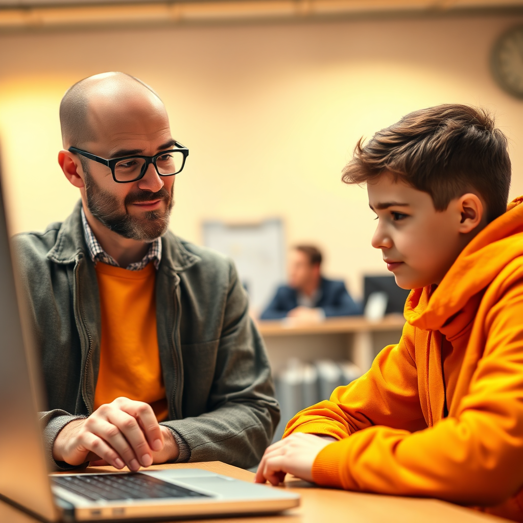  An image depicting an expert instructor guiding a student through a coding problem. The instructor is approachable and knowledgeable, and the student is engaged and focused. The color palette is warm and inviting, with dominant hues of orange and yellow. Lighting is soft and diffused, creating a sense of trust and mentorship. The camera angle is a close-up, emphasizing the connection between the instructor and the student. Texture details highlight the tactile nature of the coding process and the personalized guidance. Style references include elements of educational photography and coding aesthetics.