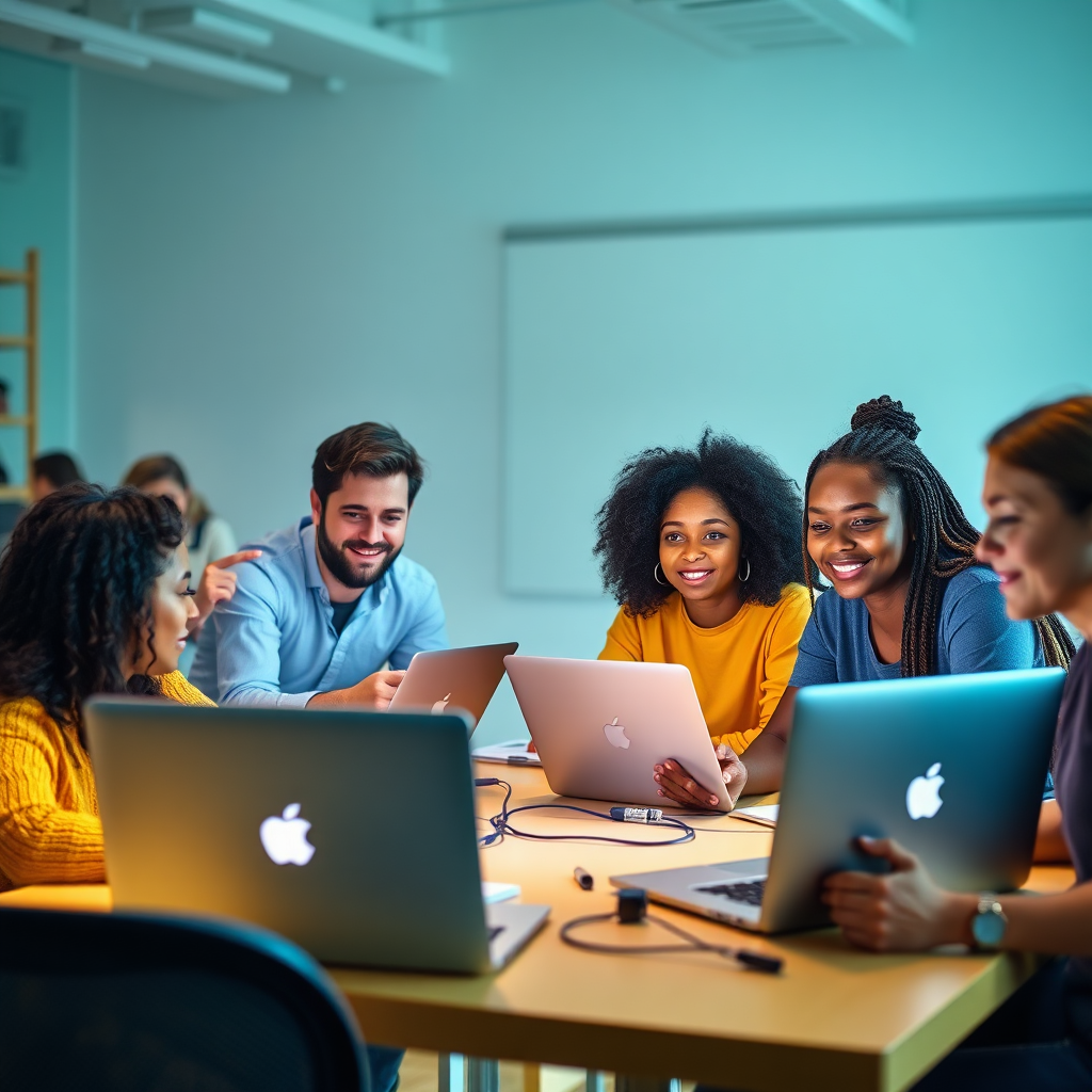  An image depicting diverse individuals participating in a coding workshop, surrounded by laptops and interactive whiteboards. The atmosphere is collaborative and engaging, with participants actively learning and sharing ideas. The color palette is bright and energetic, with dominant hues of blue, green, and yellow. Lighting is soft and inviting, creating a sense of community and learning. The camera angle is a medium shot, capturing the participants' enthusiasm and the collaborative environment. Texture details highlight the tactile nature of the coding process and the interactive elements of the workshop. Style references include elements of educational photography and coding aesthetics.