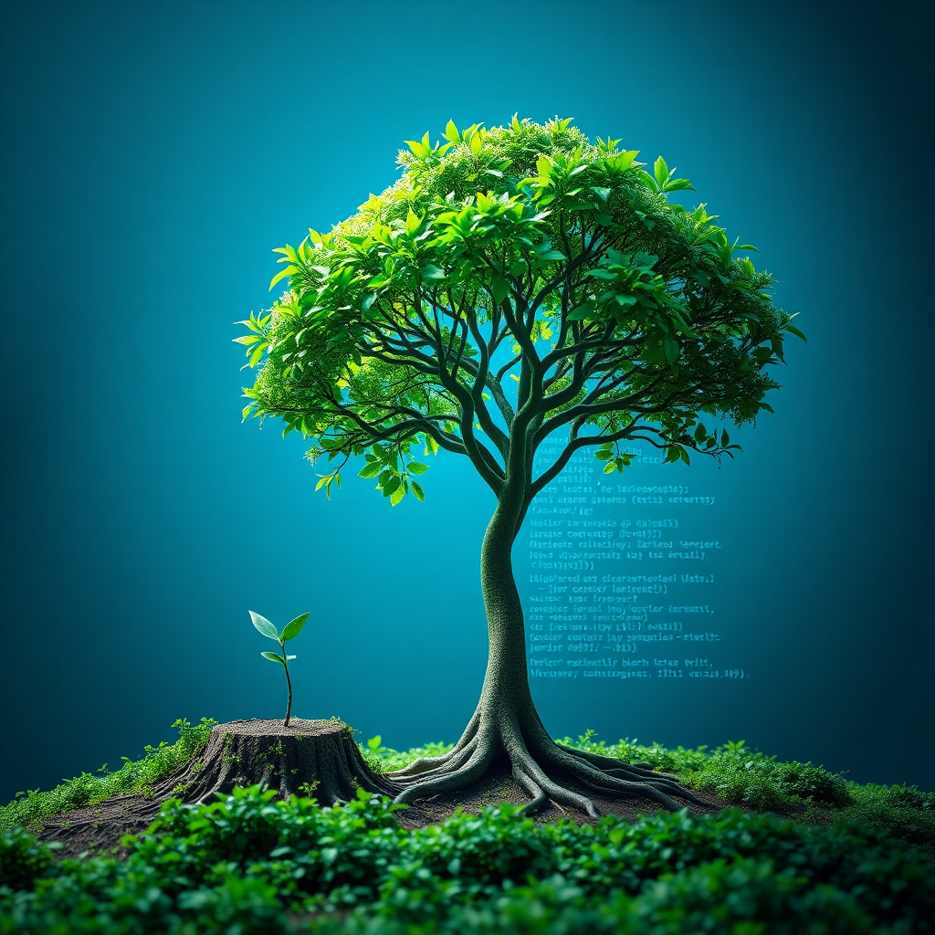  An image representing a website growing from a small seed to a towering digital tree. The tree's branches are lines of code, and its leaves are web pages, symbolizing the website's ability to scale and adapt. The color palette is vibrant and lush, with dominant hues of green and blue. Lighting is soft and natural, creating a sense of growth and sustainability. The camera angle is a wide shot, emphasizing the scale and potential of the website. Texture details highlight the organic nature of the tree and the intricate design of the code. Style references include elements of nature photography and web development aesthetics.