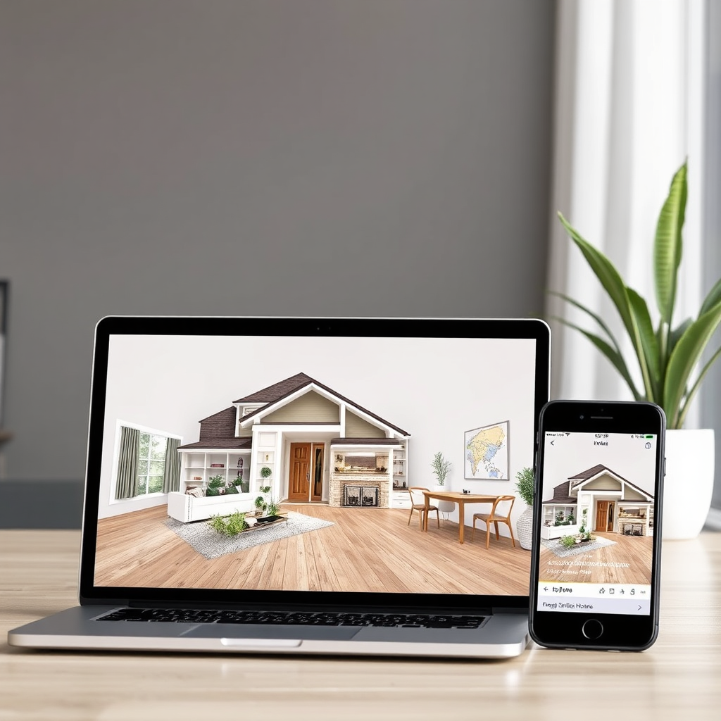 A high-quality photograph of a beautifully staged home, appearing on multiple digital platforms (laptop, tablet, smartphone). Emphasize the professional photography and the wide reach of the marketing campaign.