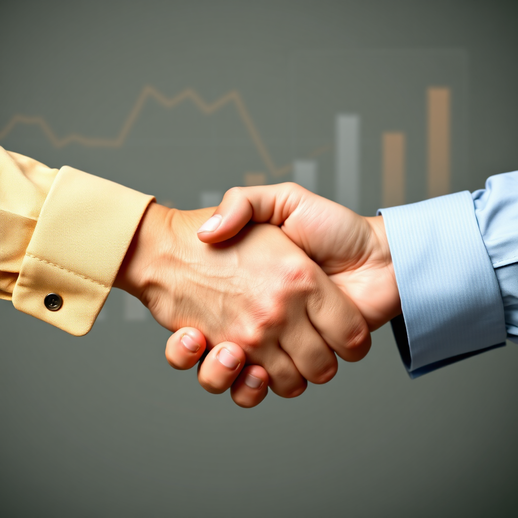 Two people (representing the seller and buyer) shaking hands, with a subtle background featuring financial charts showing a positive outcome for the seller. Convey trust and a successful negotiation.