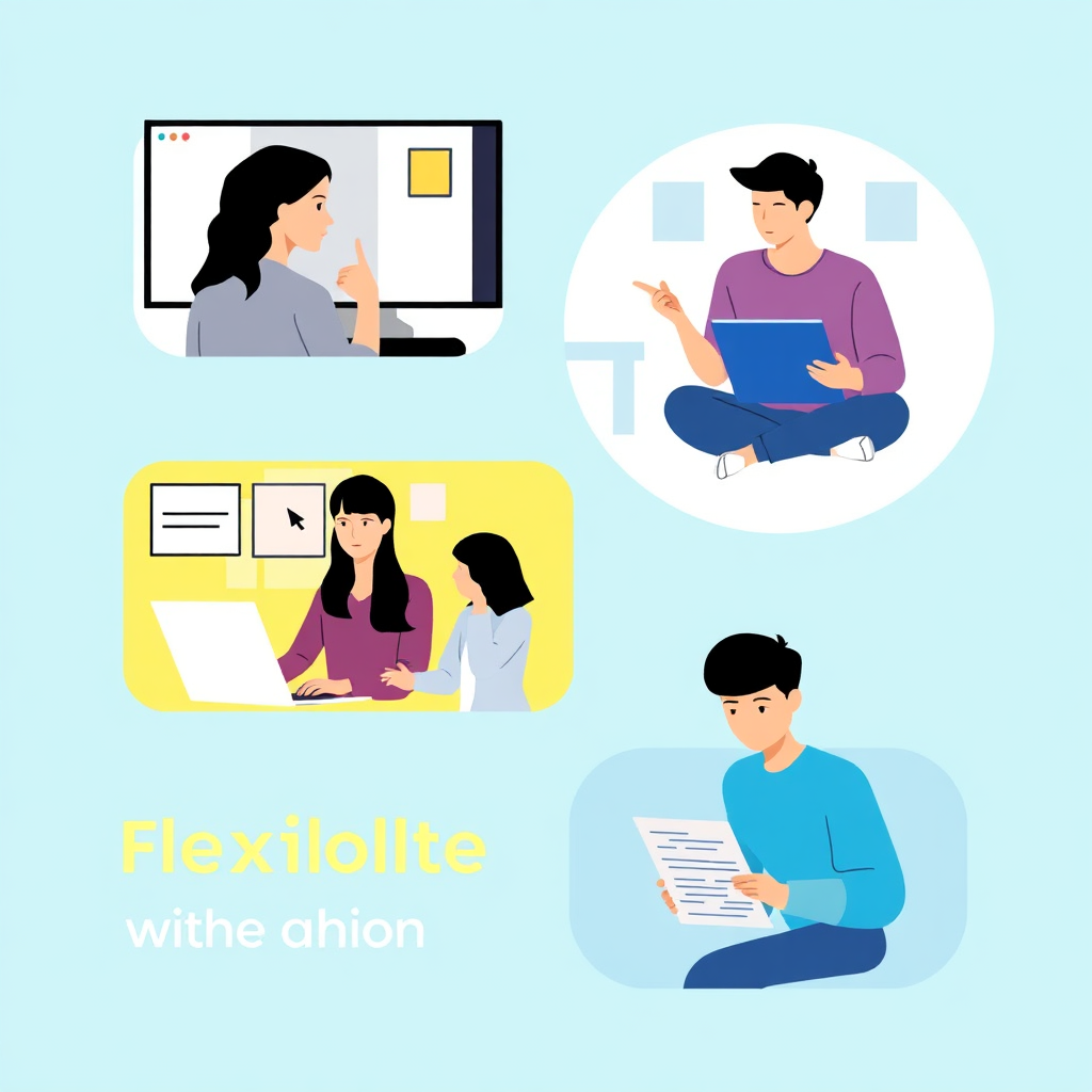 A dynamic image featuring three distinct scenes, each representing a different learning format: a small group participating in a video conference, a one-on-one tutoring session with a tutor and student, and a student studying independently with online materials. The style should be clean and modern, with a focus on conveying flexibility and choice. Use a color palette of blues and yellows.
