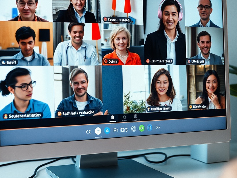 A stylized image depicting an online French conversation group. Use speech bubbles filled with French phrases to emphasize the interactive nature of the discussion. The composition should be dynamic and visually engaging, conveying a sense of community and shared learning.