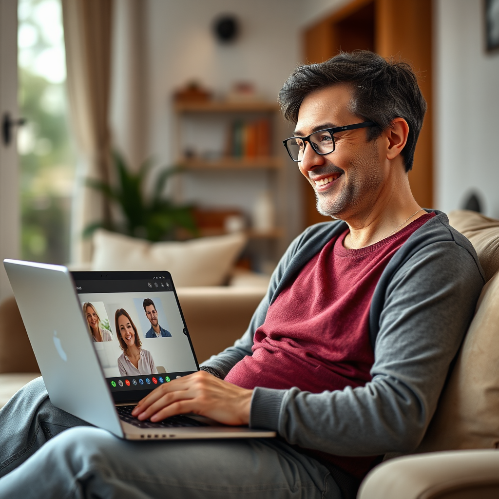 A photorealistic image showcasing an adult learner comfortably participating in an online French class from their home. The setting should be cozy and inviting, perhaps a living room with soft lighting and comfortable furniture. The learner should be smiling and engaged, with a laptop displaying the video call interface. The image should convey the ease and convenience of online learning for adults.