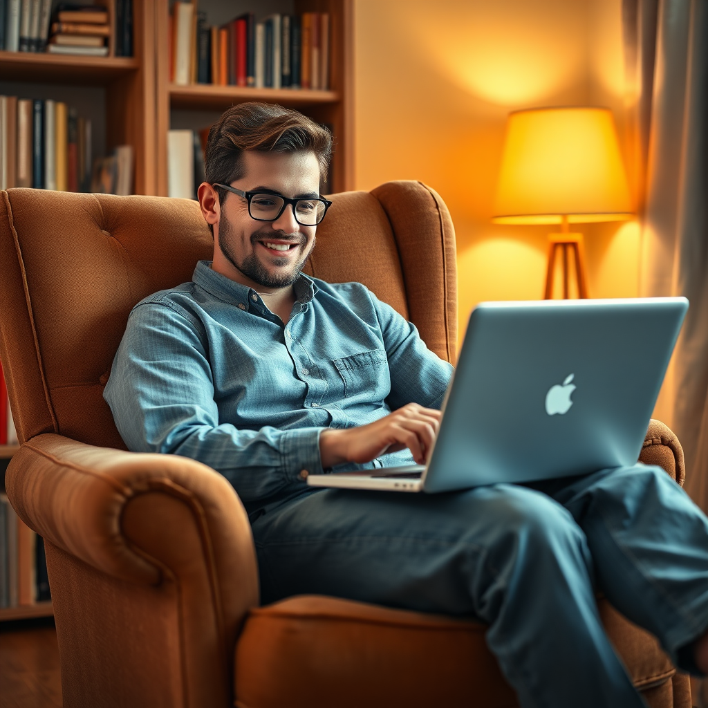  A relaxed, photorealistic image showing someone comfortably learning French online at home. They're sitting in a cozy armchair, a laptop on their lap, with a friendly online tutor visible on the screen. Bookshelves and a warm lamp create a comfortable atmosphere. The focus should be on the ease and convenience of online learning.
