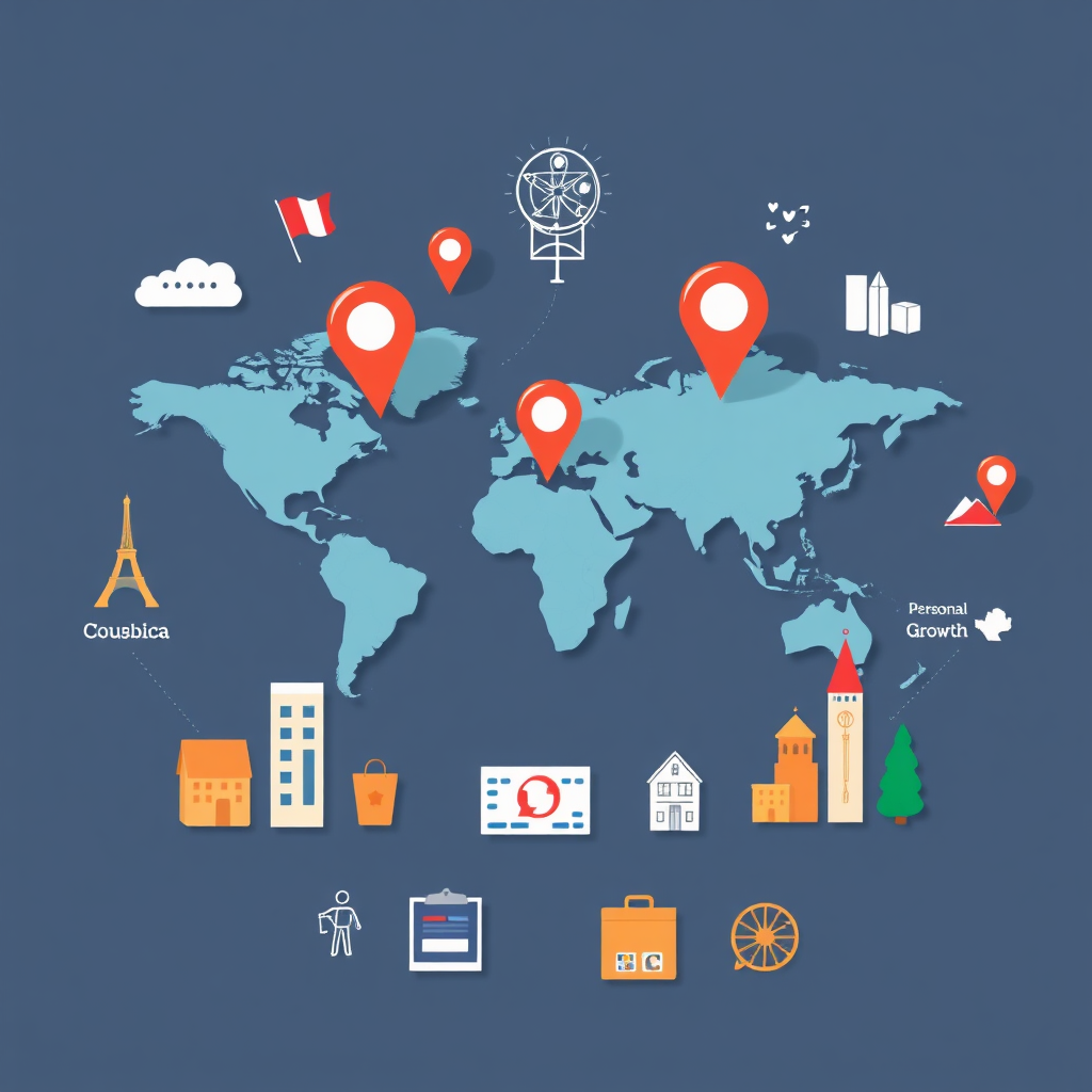 A symbolic image representing the various goals of adult French learners. Visualize a world map with pins marking destinations like Paris, Quebec, and other French-speaking locations. Surrounding the map, icons represent career advancement, personal growth, and cultural experiences. The image should convey a sense of opportunity and achievement.