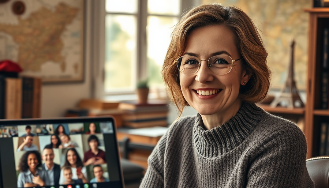 Create a photorealistic, ultra-high quality header image representing "French with Corinne". The image should feature a warm and inviting scene: A cozy study filled with French books, a vintage map of France, and soft, natural light streaming through a window. In the foreground, a friendly woman (Corinne) smiles warmly at the viewer, with a laptop open displaying a video call interface showing smiling students. The background should hint at French culture – perhaps a beret, a baguette, or a small Eiffel Tower figurine. Use a warm color palette of golds, reds, and browns to create a welcoming atmosphere. The camera angle should be slightly low, looking up at Corinne to convey approachability and expertise. Texture details should be incredibly realistic: the worn leather of the books, the crisp paper of the maps, the soft fabric of Corinne's sweater. 8K resolution, hyperrealistic detail.