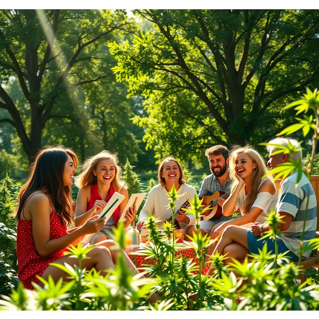 A bright and vibrant scene depicting a group of friends enjoying an outdoor gathering, with sunlight filtering through trees. They are laughing, painting, and playing music, surrounded by lively plants. The atmosphere is joyful and energetic, showcasing the essence of Sativa strains.