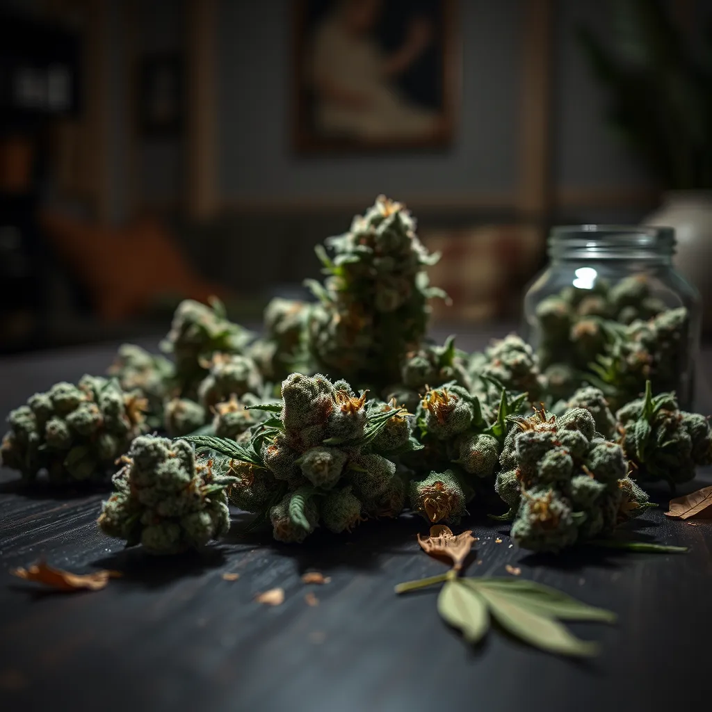 A photorealistic depiction of various Indica marijuana strains displayed on a dark wooden table. The scene is illuminated with soft diffused lighting that enhances the rich greens and purples of the buds. The composition includes close-up shots of the dense, frosty trichomes on the flowers, showcasing their texture. A blurred background of a cozy, dimly lit room enhances the calming atmosphere, accented by earthy tones. Props include a glass jar filled with Indica buds and some dried leaves scattered around. Take the shot from a slightly elevated perspective to capture the intricate details. The overall mood is relaxed and inviting, reminiscent of a peaceful evening at home. Styled in the manner of professional botanical photography, with 8K resolution and hyperrealistic details.