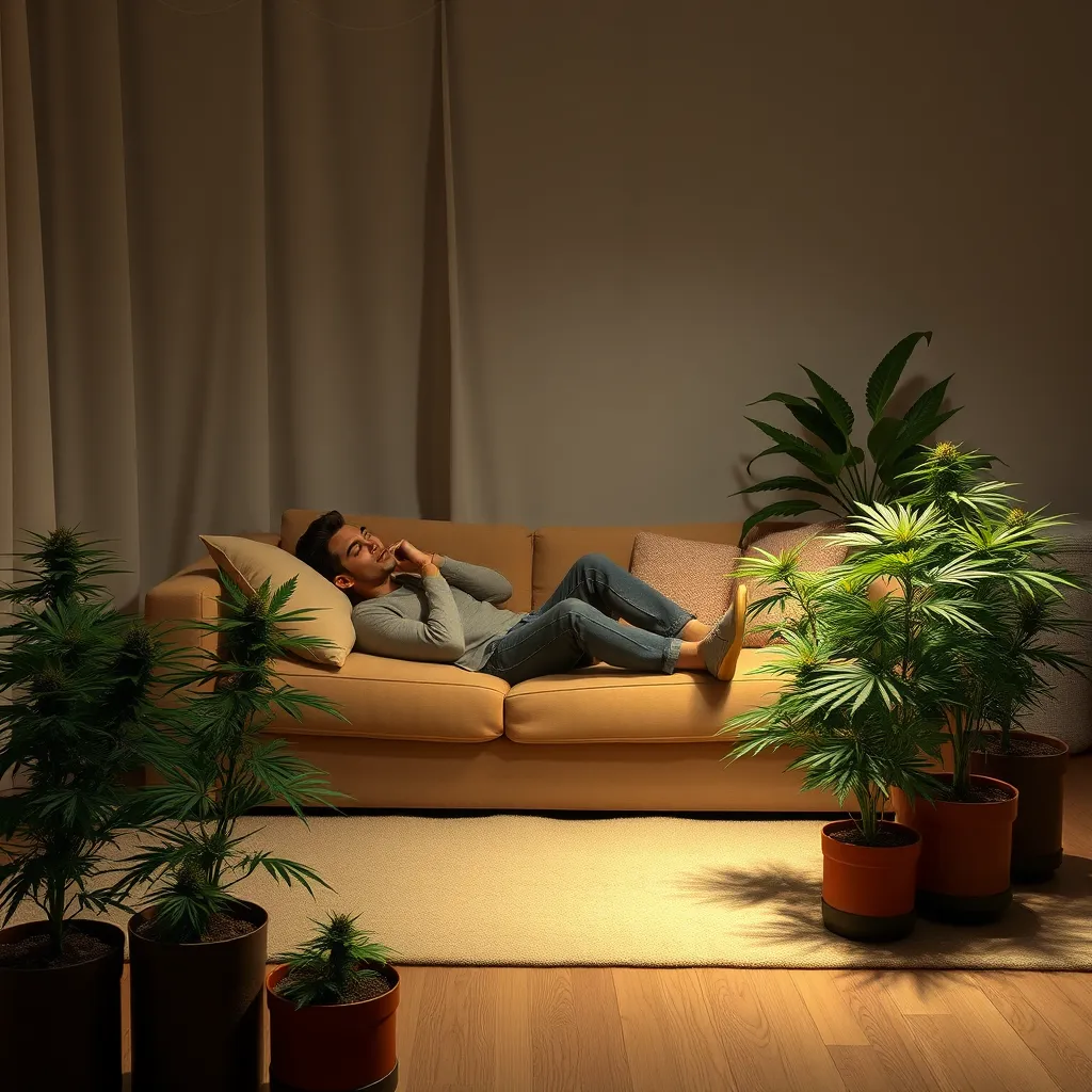 A serene indoor scene depicting a relaxing environment with a person lounging on a couch, surrounded by plush cushions, soft lighting, and a few Indica cannabis plants in pots, demonstrating the calming nature of Indica strains.