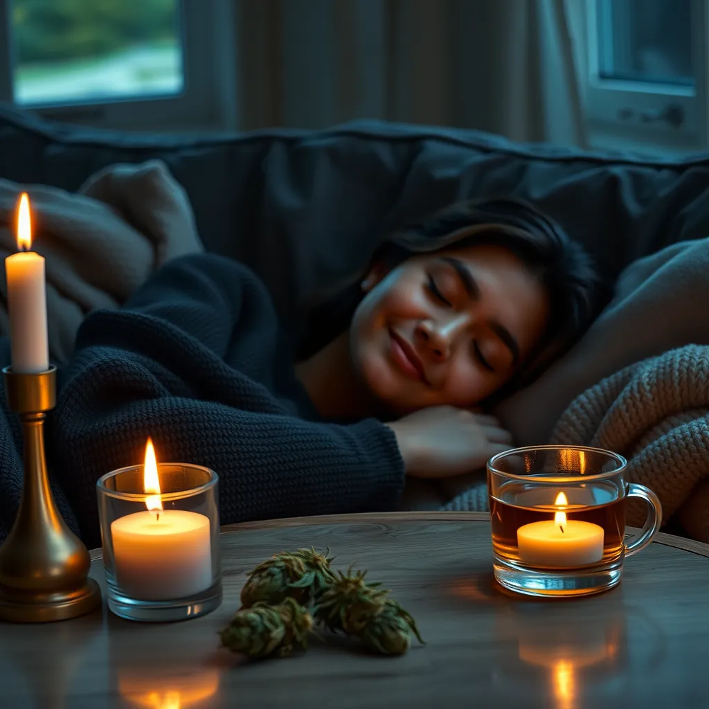 A serene indoor setting with a cozy couch, dim lighting, and soft blankets. A person is peacefully resting with a content expression, surrounded by soothing elements like candles, a cup of herbal tea, and a few indica cannabis buds displayed elegantly on a table.