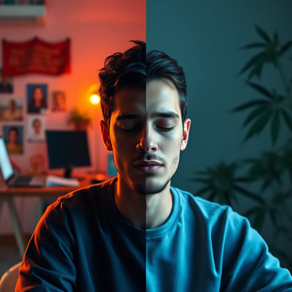 A split image showing a person in two scenarios: one side depicting them engaged and working creatively with bright colors and dynamic elements (Sativa influence), the other side showcasing them peacefully meditating with calming visuals (Indica influence). This illustrates the balance of hybrid strains.