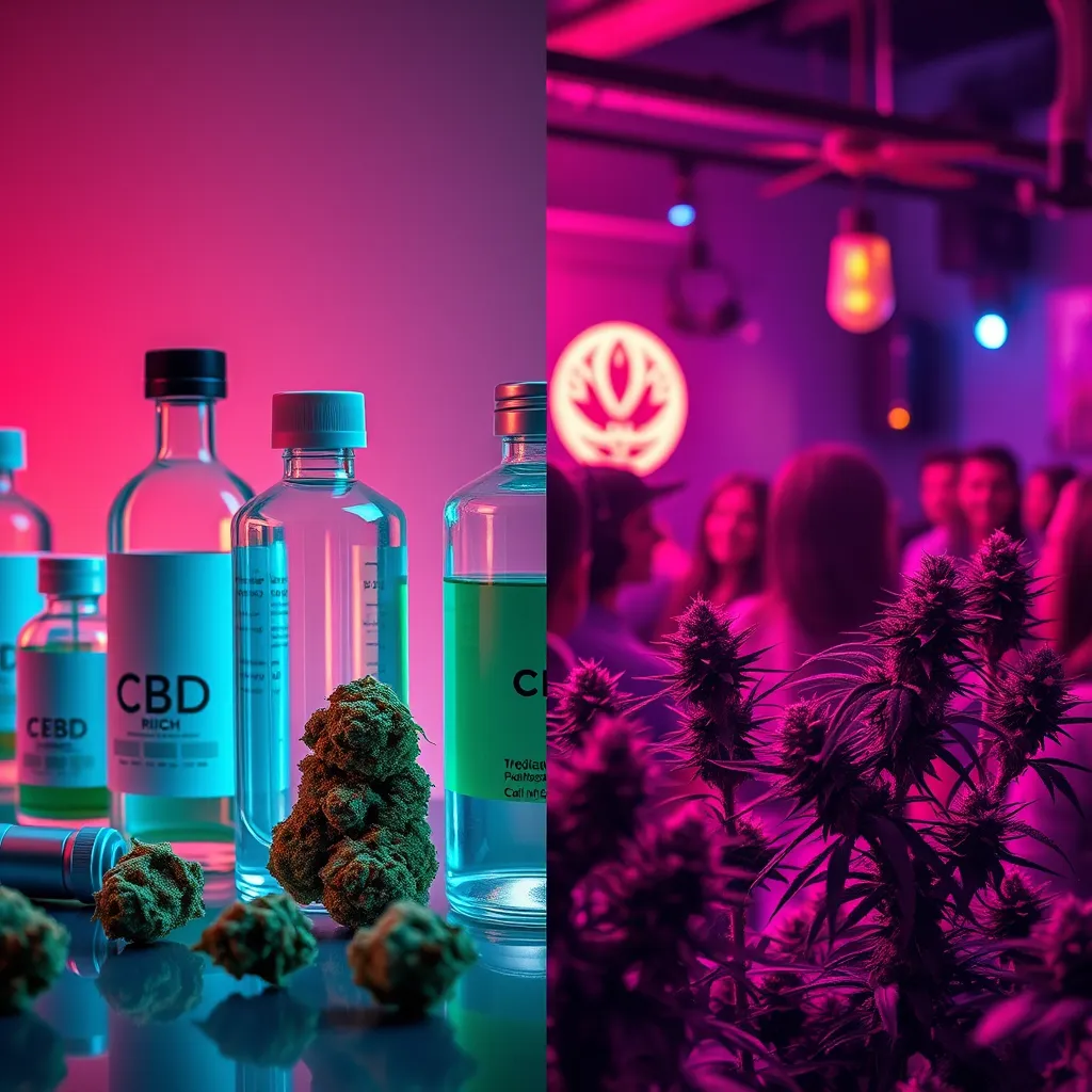  A split scene illustrating both medical and recreational marijuana strains. On one side, display sleek bottles and medical equipment with CBD-rich buds; on the other, show a vibrant, social environment with THC-dominant strains, emphasizing relaxation and enjoyment. Use contrasting colors to differentiate the two aspects.