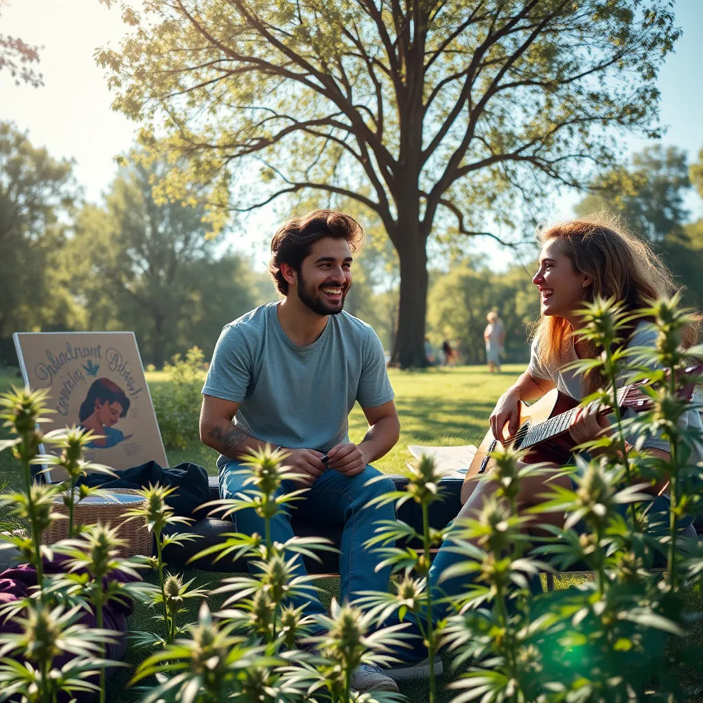 A vibrant outdoor scene showing a group of friends enjoying a sunny day in a park, laughing and engaging in creative activities like painting and playing music, with Sativa cannabis plants growing nearby, symbolizing the energetic effects of Sativa strains.