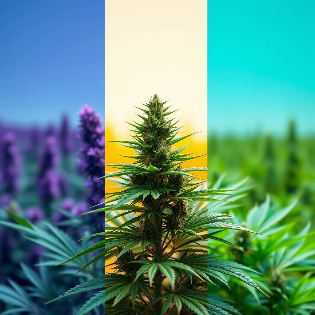  A visually rich composition featuring three distinct sections representing Indica, Sativa, and Hybrid marijuana strains. Include a serene, calming scene for Indica with purple flowers; a bright, energetic landscape for Sativa with green leaves; and a balanced blend of both for Hybrid, showcasing contrasting colors and elements harmoniously combined.