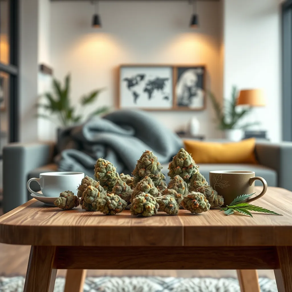An artistic display in a modern setting, showcasing various hybrid cannabis buds on a wooden table, surrounded by elements symbolizing both relaxation (like a cozy blanket) and energy (like a coffee cup), highlighting the balanced characteristics of hybrid strains.