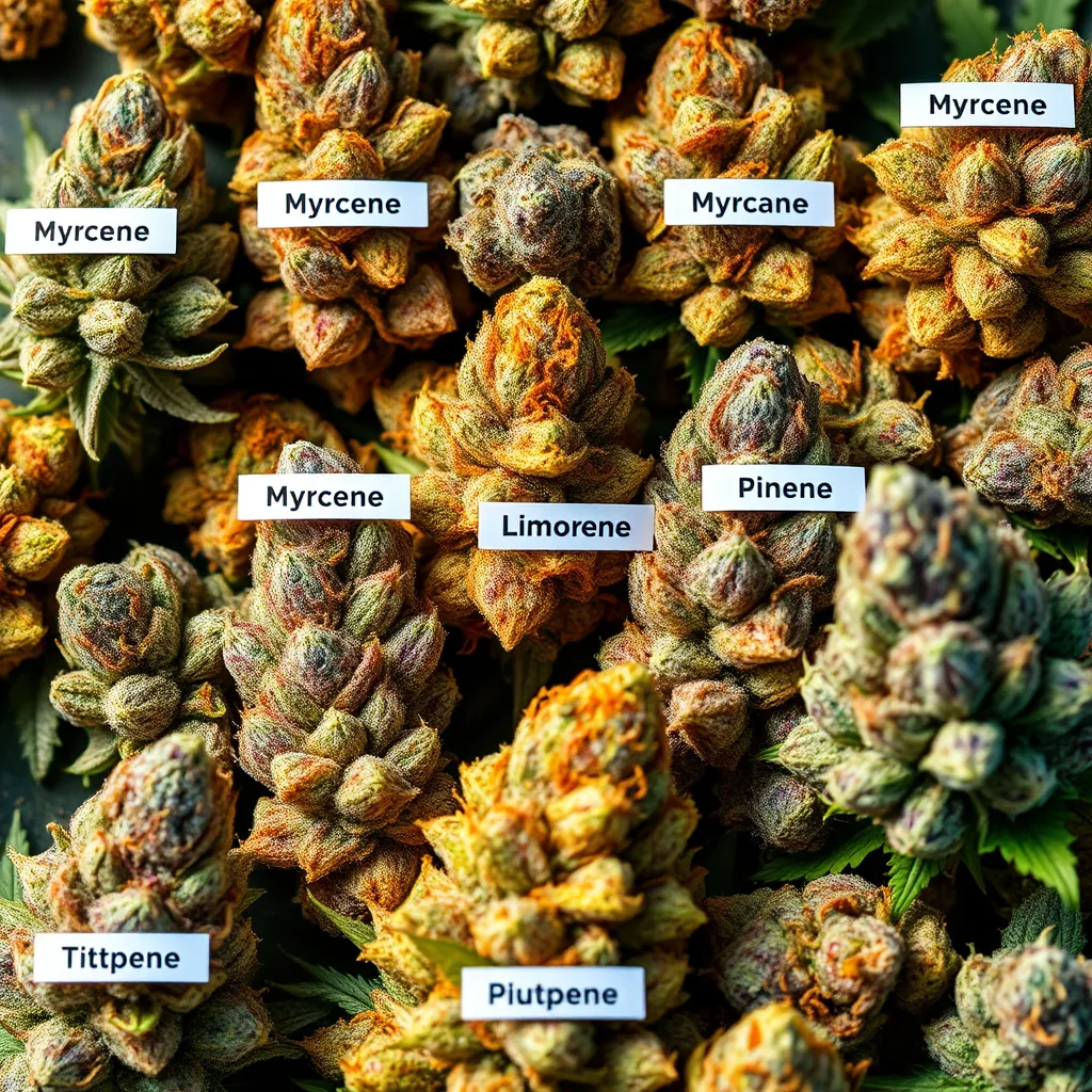  An artistic display of various marijuana buds highlighting their prominent terpenes. Each bud should showcase vibrant colors and textures, with labels indicating specific terpenes like Myrcene, Limonene, and Pinene. Include visual representations of the corresponding flavors and scents, such as citrus or herbal notes.