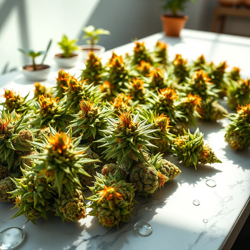 An artistic rendering showcasing an array of vibrant Sativa marijuana strains laid out on a bright marble countertop. The lighting is bright and airy, with dramatic side lighting creating shadows that highlight the unique shapes of the buds. The color palette features vivid greens, golds, and bright orange hairs, emphasizing the lively nature of Sativa strains. Include a few water droplets on the surface to enhance freshness and texture. The angle should capture the full expanse of the strains while maintaining focus on their intricate details. The background shows hints of natural elements like small potted plants to signify growth and vibrancy. Incorporate style references to high-end product photography to emphasize quality. Aim for an ultra-detailed finish in 8K resolution.