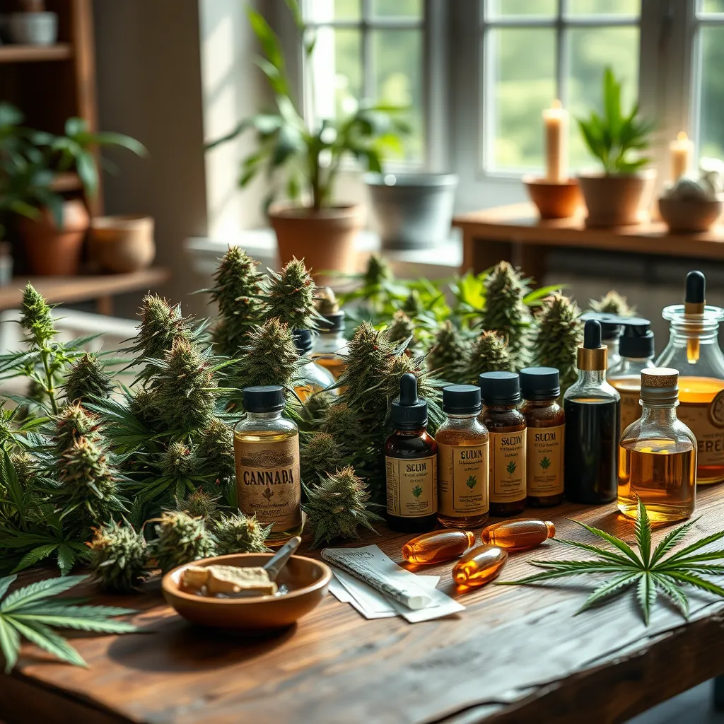 Create a photorealistic header image showcasing an array of marijuana strains beautifully displayed on a rustic wooden table. The composition should include vibrant green buds, some with rich purple hues, alongside various marijuana products such as edibles, oils, and rolling papers. Utilize soft, natural lighting that spills in from a nearby window, casting gentle shadows that enhance the textures of the plants and products. The color palette should evoke a sense of calm and relaxation, incorporating earthy tones like greens, browns, and hints of gold. Capture the scene from a slightly elevated angle to give a comprehensive view of the products. Textures should be finely detailed, highlighting the trichomes on the buds and the glistening oils. Include subtle environmental elements such as potted plants or candles in the background to create a warm, inviting atmosphere. Aim for a hyperrealistic style, with an emphasis on clarity and detail, rendered in 8K resolution., ultra high resolution, photorealistic, 8K, hyperdetailed, cinematic lighting