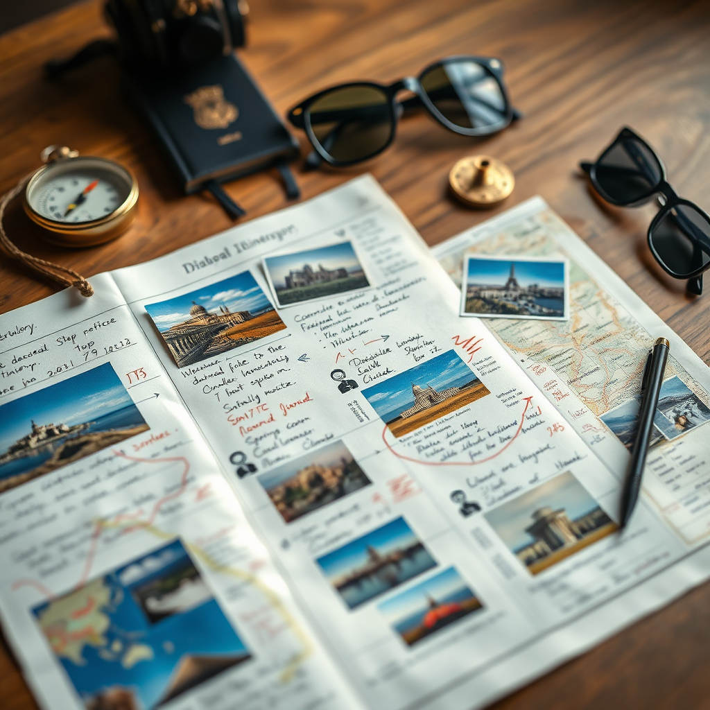 Create a photorealistic image showcasing a detailed travel itinerary spread out on a wooden table. The itinerary features stunning photographs of various destinations, along with handwritten notes and colorful highlights. Around the itinerary, scatter travel-related items such as a vintage compass, a passport with stamps, and a pair of stylish sunglasses. The lighting should be warm and inviting, highlighting the textures of the paper and wood. Use a shallow depth of field to draw focus to the itinerary itself, emphasizing its importance in planning a perfect trip. The overall style should evoke a sense of adventure and anticipation.