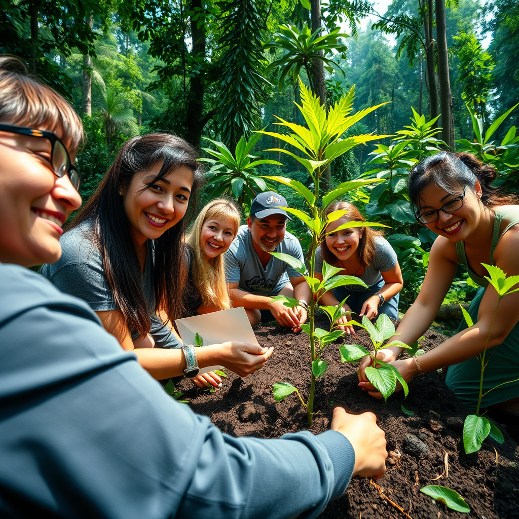 Create a photorealistic image showcasing a lush rainforest with a group of travelers participating in a tree-planting activity. The travelers are smiling and engaged in the activity, demonstrating their commitment to environmental sustainability. The lighting should be vibrant and natural, highlighting the beauty of the rainforest. Use a wide-angle lens to capture the scale and diversity of the environment. The overall style should convey a sense of responsibility and environmental awareness.