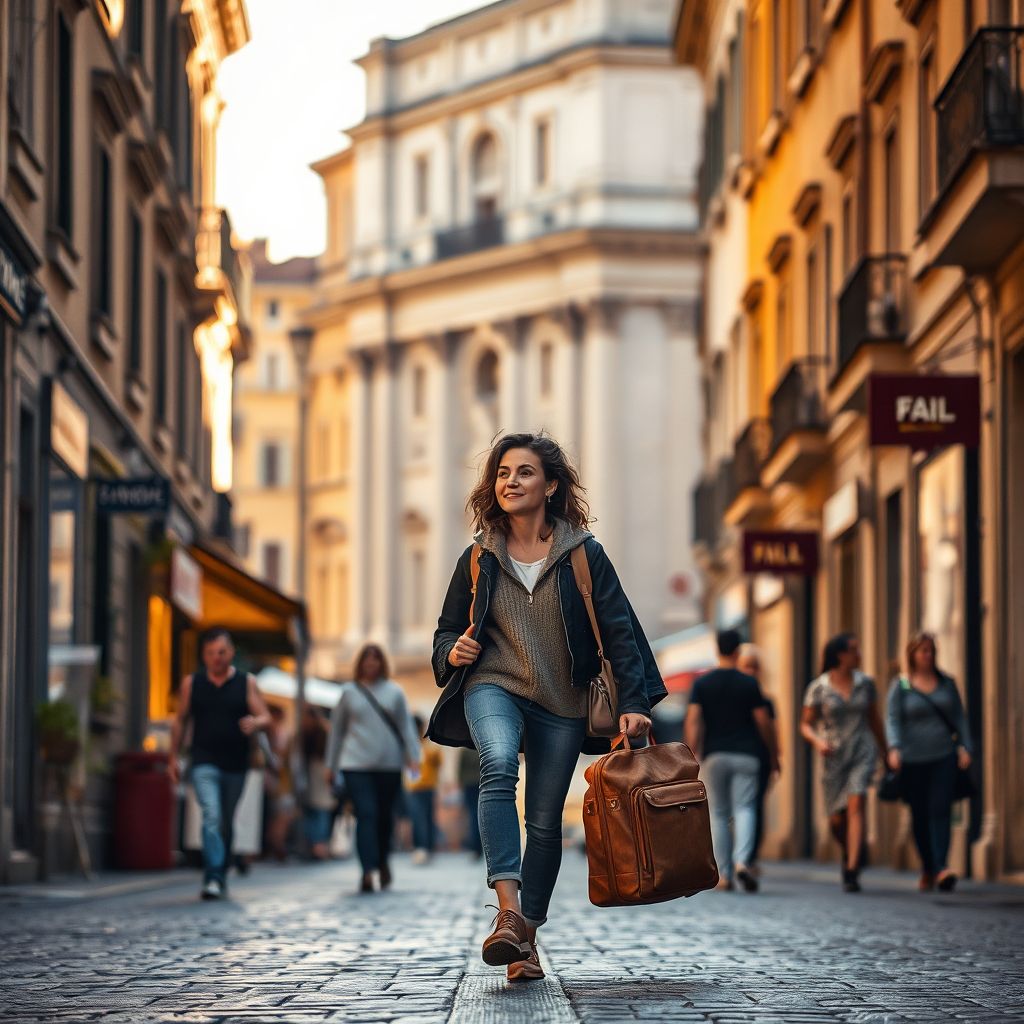 Create a photorealistic image showcasing a solo traveler exploring the streets of Rome, Italy. The traveler is walking with confidence and is taking in the sights and sounds of the city. The lighting should be warm and inviting, highlighting the beauty of the architecture and the vibrancy of the street life. Use a medium depth of field to keep both the traveler and the surroundings in focus. The overall style should evoke a sense of independence and adventure.